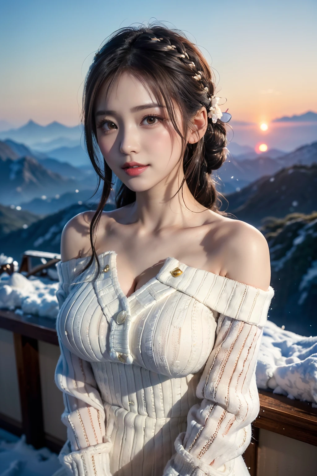 (Make your subject look three-dimensional with the contrast of light and shadow),(((With the sunset in the background))),(((standing on a snowy mountain in winter:1.3))),cute and beautiful adult woman,cute smile,with blushing cheeks,red lips,(((Off-white off-shoulder knit jumper dress:1.3))),black stockings,Knee-high boots,(silvery hair,floral braided headband,half up、floral braided space bun,voluminous fishtail braid,Twisted pan,),(The bangs are see-through bangs),hairpin,hair ornaments,(((emphasize the chest:1.3))),Breast flick,Detailed clothing characteristics,Detailed characteristics of hair,detailed facial features,(dynamic angle),(dynamic and sexy pose),professional lighting,cinematic light,(highest quality,Ultra high resolution output image,) ,(8K quality,Depth of the bounds written,Anatomically accurate facial structure,),(sea art 2 mode:1.3),(Image mode Ultra HD,),(3D Realistic Photography:1.3)