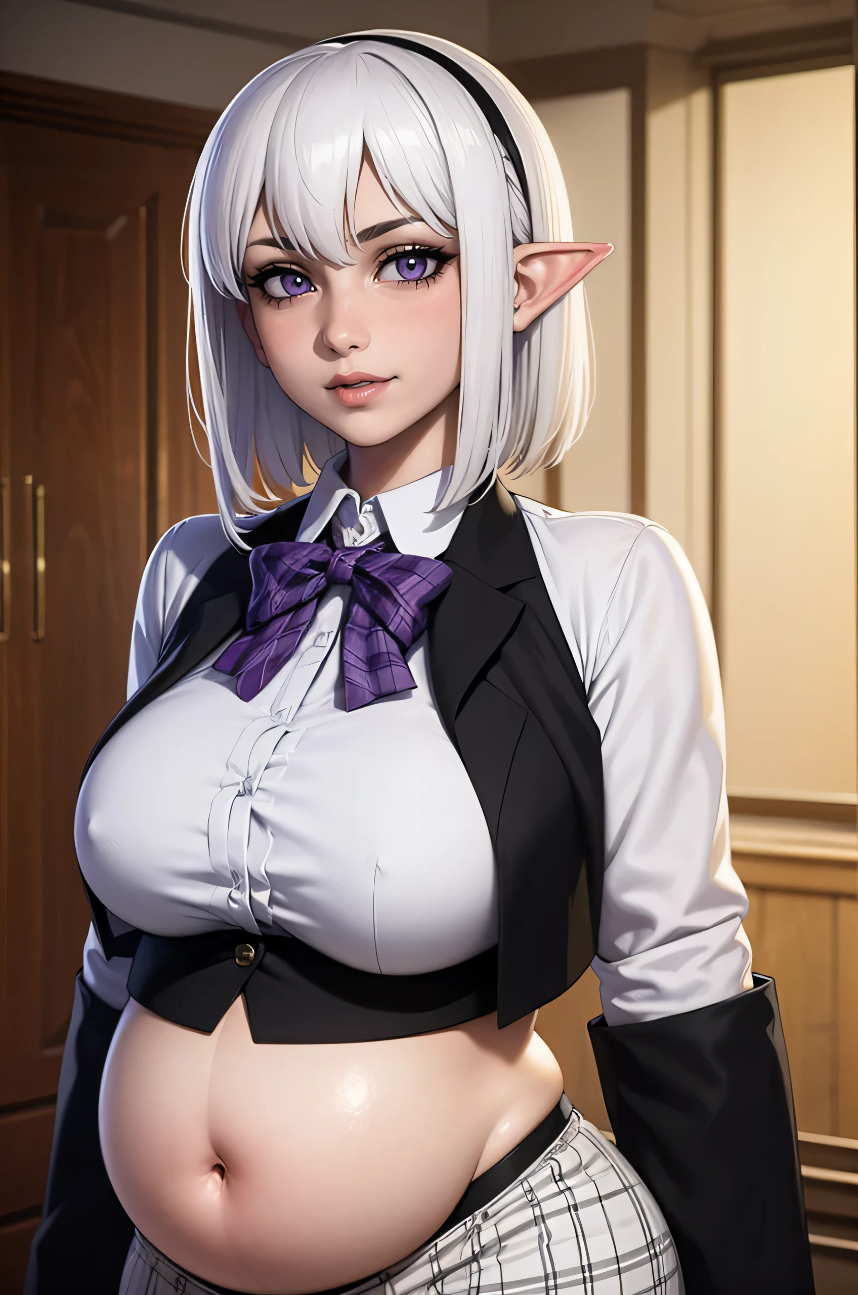 (best quality,4k,8k,highres,masterpiece:1.2), ultra-detailed, (realistic,photorealistic,photo-realistic:1.37), HDR, UHD, studio lighting, ultra-fine painting, sharp focus, physically-based rendering, extreme detail description, professional, vivid colors, bokeh, portraits, photography, (best quality,masterpiece:1.3), (mature woman, milf), tall, anime, masterpiece, beautiful eyes, best quality, detailed face, 1girl, solo, beautiful, elf_ears, silver_hair, white_hair, purple_eyes, smiling, blushing, straining against shirt, Office Lady, Tight Pencil Skirt, (Plaid Vest), Company, Office Room, Work, Black Stockings, extremely tight clothes, pregnant, bellyheavy, hyperpreg, hyper pregnancy, hyper belly, ready to pop, outie navel, huge belly, short_hair, bloated belly, stuffed belly, black tights, plump, simple black headband, sciamano240, soft shading, detailed, semi-realistic,