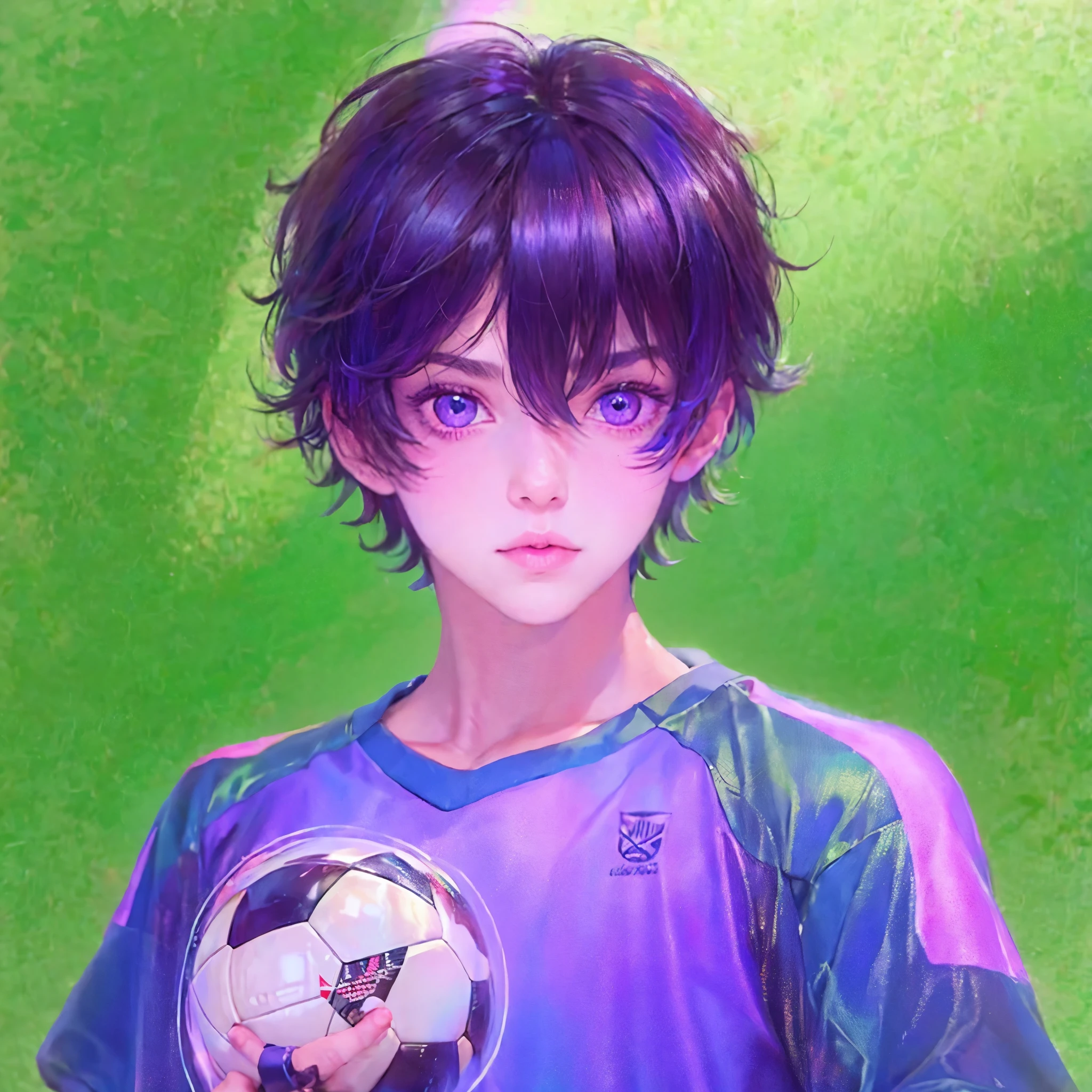 1boy, black hair, soccer uniform, purple eyes , very whiteskin