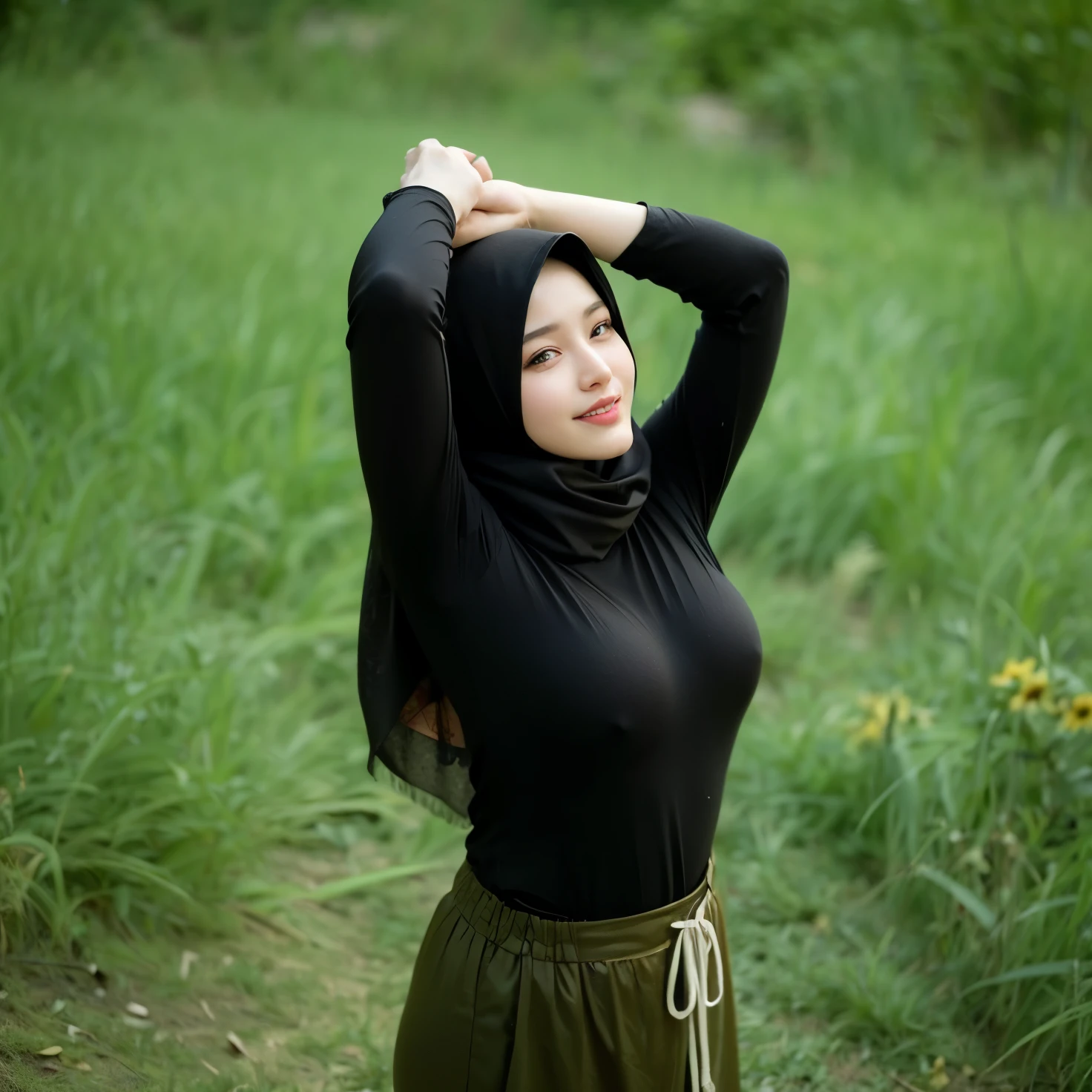 masterpiece, (ultra-high-definition portrait:1.4), Realistic, extremely detailed, CG unified, 8k, wallpaper, highly detailed, High-definition, raw color photos, professional photograpy, Realistic portrait, Cinematic Light, Beautiful detailed, 1hijabgirl in, (165cm tall, big breasts with very very tight clothes:1.5), Beautiful big breasts, breasts details, very tight, (smile, looking into the camera:1.2), (Fine face, a sensual look with an open mouth:1.4), Close up of a girl in Beautiful clothes with wide open front, scarf, (Beautiful Tight Clothing with curvaceous body:1.5), open chest wide, Undress, No bra, (nipples that are clearly sticking out detail:1.2), Outdoors, high intricate detailed, float, cum on, Sense of truth, beautiful landscape forest, sexy lighting,