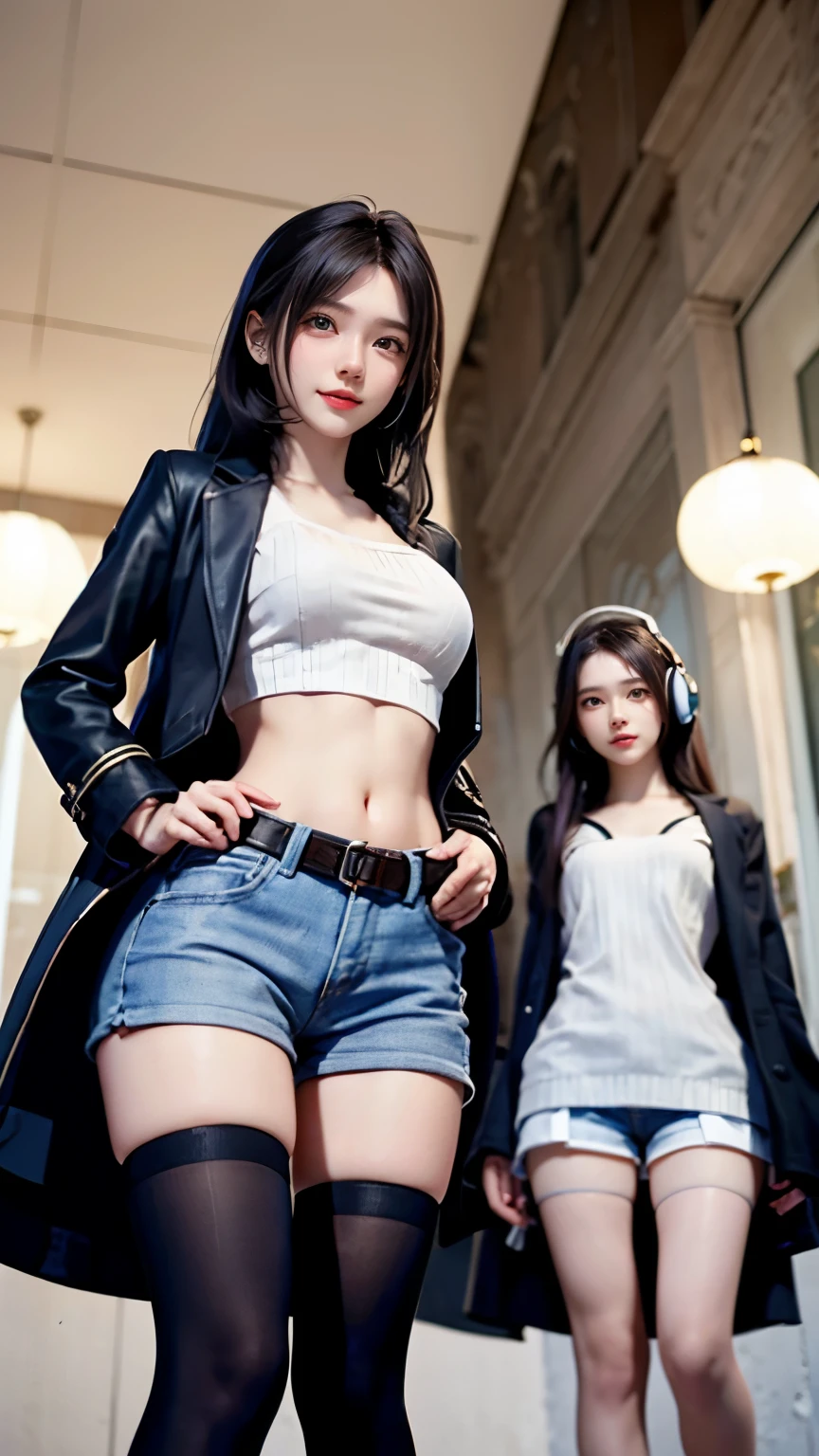 Carrot、Supermodel、perfect shape、Muchimuchi、Three girls are looking at the viewer、 3 girls、、Thighhighs、beautiful feet、hot pants、coat、cyber punk、headphone、gentle smile、Seen by girls from below、Innocent face