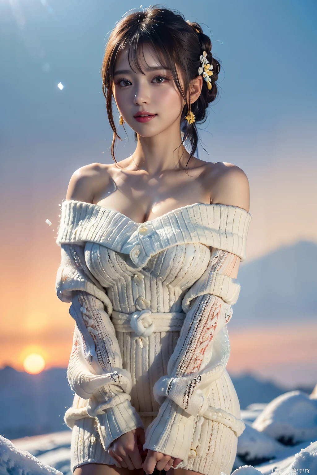 (Make your subject look three-dimensional with the contrast of light and shadow),(((With the sunset in the background))),(((standing on a snowy mountain in winter:1.3))),cute and beautiful adult woman,cute smile,with blushing cheeks,red lips,(((Off-white off-shoulder knit jumper dress:1.3))),black stockings,Knee-high boots,(silvery hair,floral braided headband,half up、floral braided space bun,voluminous fishtail braid,Twisted pan,),(The bangs are see-through bangs),hairpin,hair ornaments,(((emphasize the chest:1.3))),Breast flick,Detailed clothing characteristics,Detailed characteristics of hair,detailed facial features,(dynamic angle),(dynamic and sexy pose),professional lighting,cinematic light,(highest quality,Ultra high resolution output image,) ,(8K quality,Depth of the bounds written,Anatomically accurate facial structure,),(sea art 2 mode:1.3),(Image mode Ultra HD,),(3D Realistic Photography:1.3)