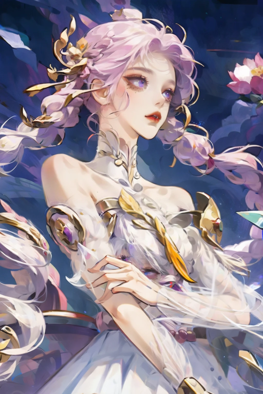 1 girl,high resolution, high quality, masterpiece, mxmk white dress, bare shoulders, purple eyes, white dress, braid,gold eye shadow,crimson pupils,