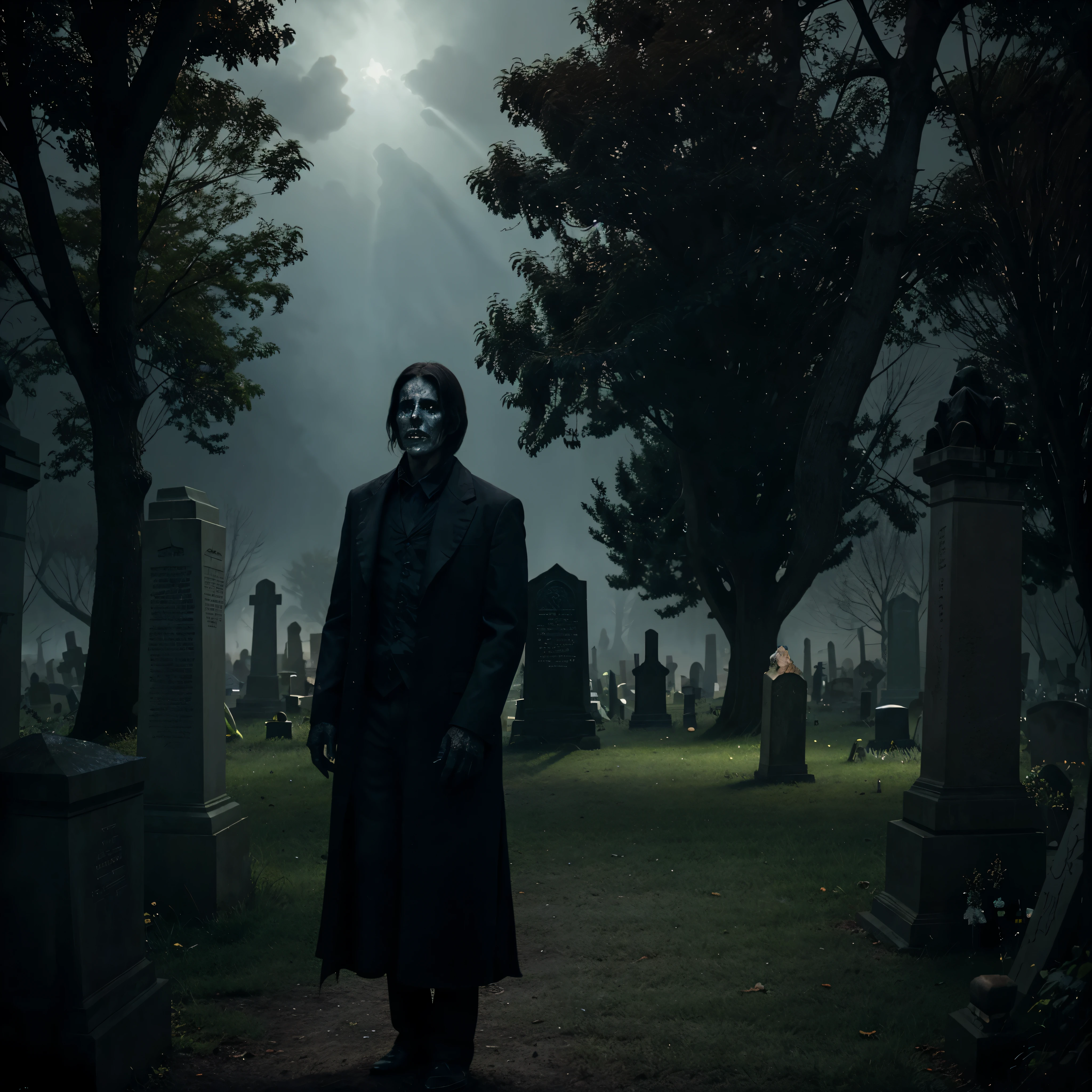 a very old cemetery, a male otherworldly presence, horror movie-inspired, supernatural beings lurking in the shadows, a sense of the paranormal, an unsettling tranquility, a moment frozen in time, darkness and light intertwining, a haunted tale waiting to unfold.