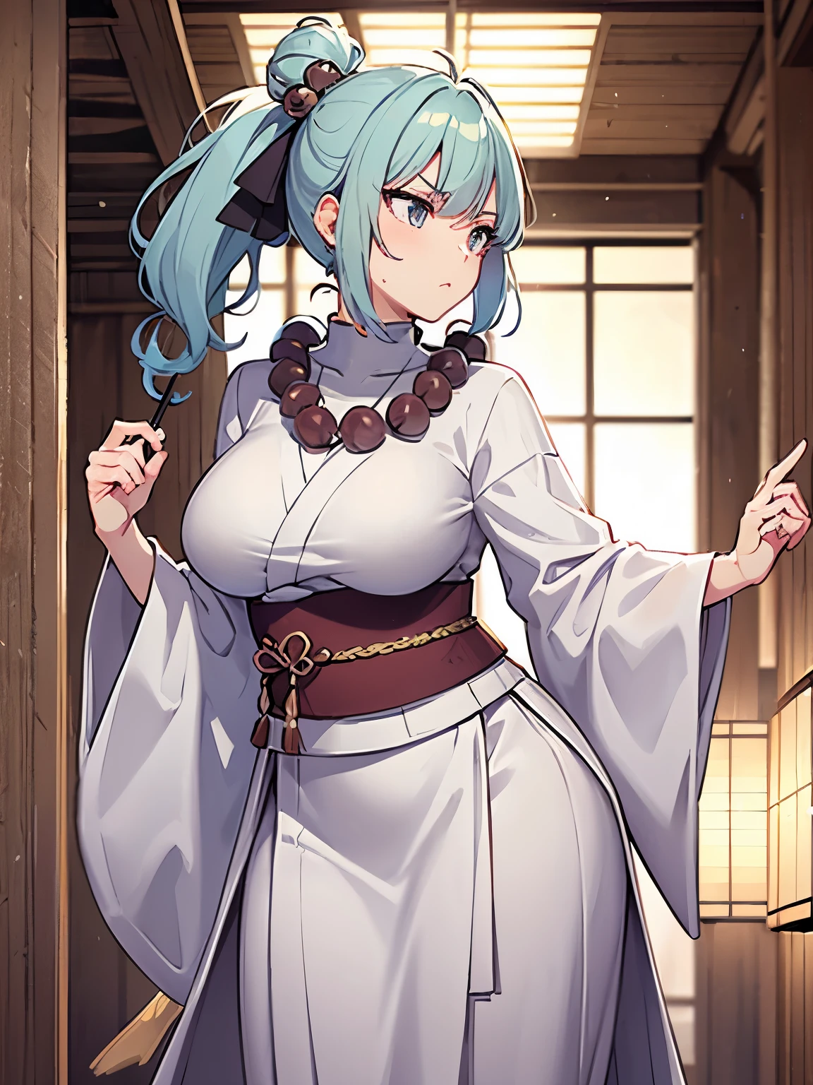 topknot, light blue hair, white clothes, pelvic curtain, bead necklace, beads, japanese clothes, [[Large breasts]], short ponytail, serious