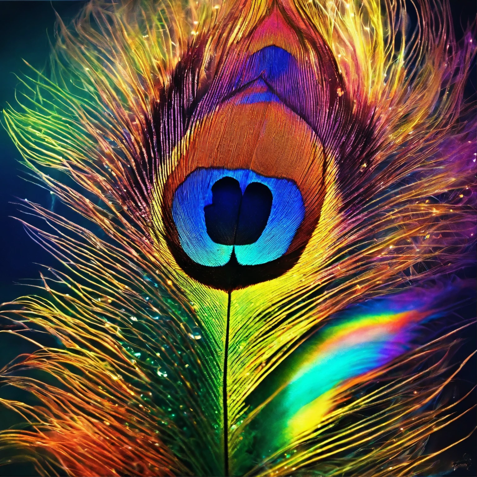 radiant peacock feather,rainbow colored hue,Radiate the rays of the sun and moon,Crystal material,Optical,clean,reflective,refraction,Ray tracing,Super detailed,Surreal,Super real photos,best quality, no human, no animal