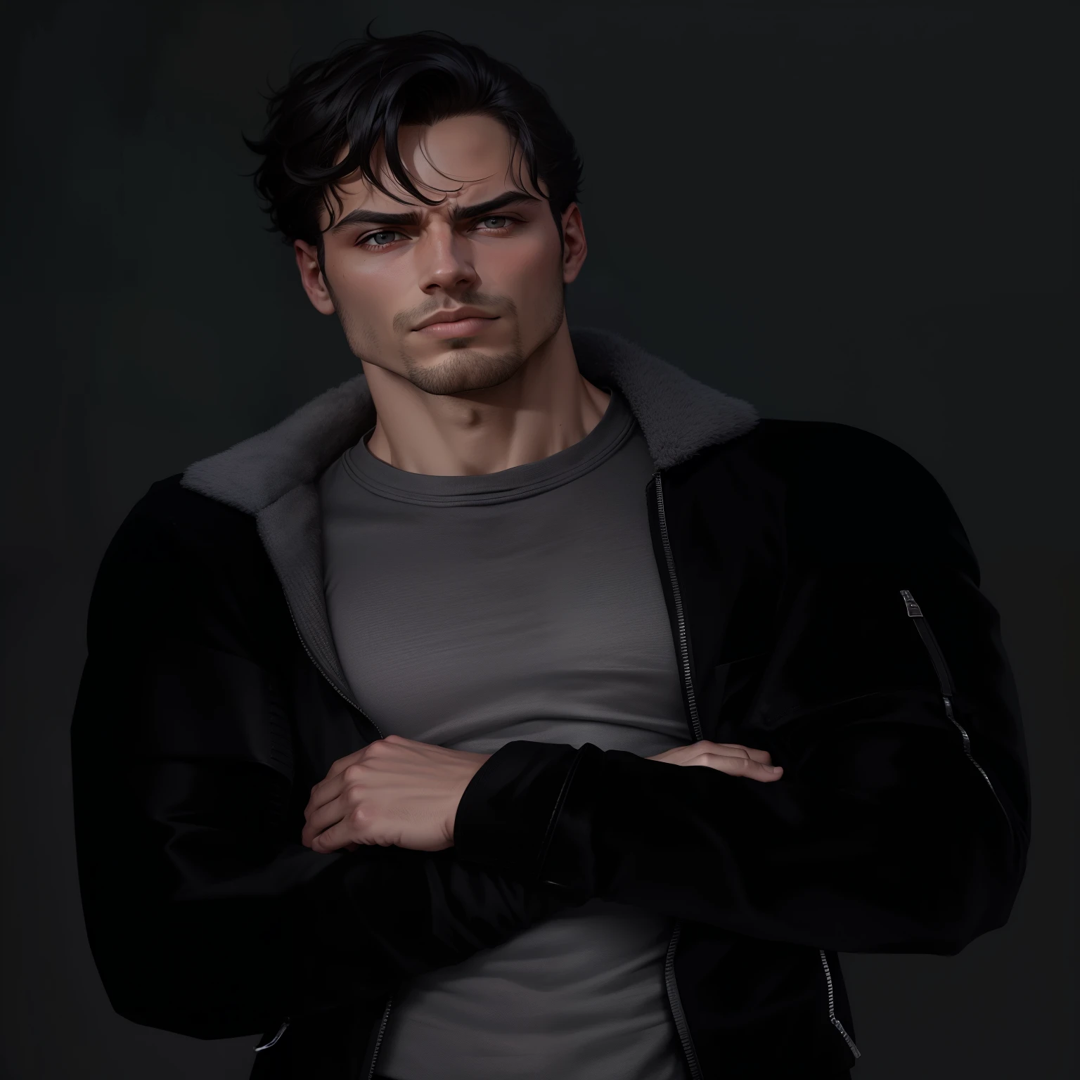 arafed man in a black jacket and grey shirt posing for a picture, inspired by Aleksander Gine, inspired by Ludovit Fulla, no hood | | realistic shaded, inspired by Vadym Meller, inspired by Raphaël Collin, inspired by Dean Roger, casual pose, inspired by Josef Abel, inspired by Eglon van der Neer
