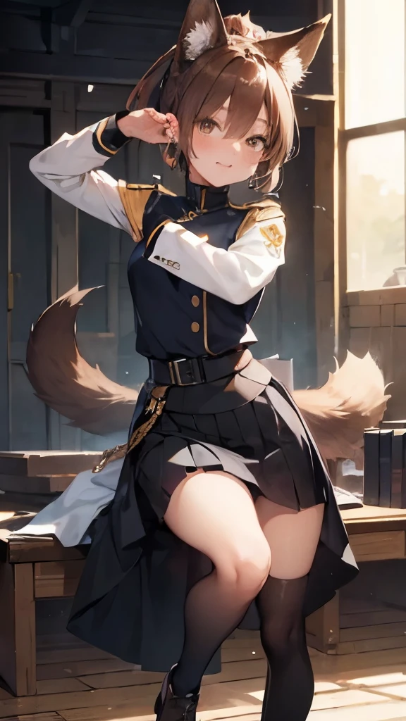 (best quality,ultra high resolution:1.2),(realistic,photorealistic:1.37),full-body portrait,1 girl,earthy brown hair,piercing blue-brown eyes,fox ears,2 fox tails,short hair,ponytail,oval face,tall figure,sharp features,blue military uniform,black long skirt,dagger,black headband,amber earrings,anime illustration,endearing face,left eye wink,sword-drawing pose,nsfw