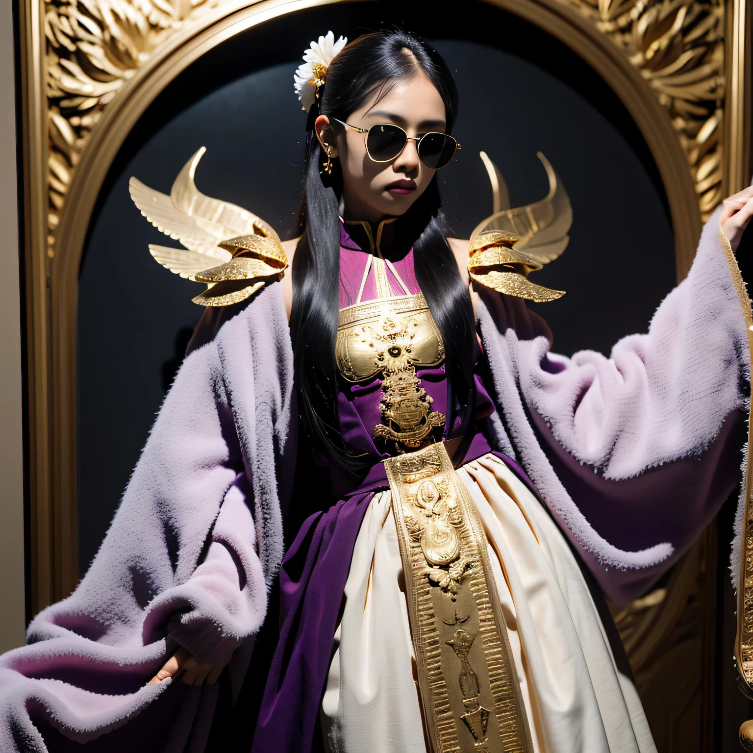 On snowy nights,32k(masterpiece,HD,Ultra high quality,32k)Purple-pink double ponytail,flower stick,Indigo Skull King ,mahogany steering wheel (The skeleton is very realistic:1.4),crocodile print robe,Rusty skull ornaments,Sand gold linen cloak,petals flying,Deep gold sunglasses,Hold your head high,worthy of pride,Look at people through nostrils,A primary and secondary school student, high resolution,Xueba, detail, RAW photos, Sharp Re, Nikon D850 film photo by Jefferies Lee 4 Kodak Portra 400 camera F1.6 guns, colorful, Ultra-realistic and vivid textures, dramatic lighting, Unreal Engine Art Station Trend, Sinest 800,Hold your head high,side,worthy of pride,Look at people through nostrils,arrogant,petals flying,petals flying,Gold dusted crocodile,Fluttering,Impeccable,( Reasonable design, clear lines, HD definition,best quality, Very detailed skeleton, skeleton of masterpiece, official art, Lighting effects, 8K crocodile skeleton(((Platinum marble sunglasses)))Deep gold sunglasses,sideportrait