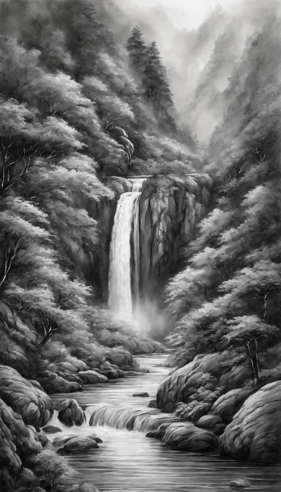 ultra high resolution,super high quality,Ultra-fine details,Grayscale,ink painting,Japanese landscape painting,fantastic work of art,Outstanding art,Excellent penmanship,magical gradient,impressive landscapes,Mysterious nature,Wakayama Nachi Falls,mysterious water flow，