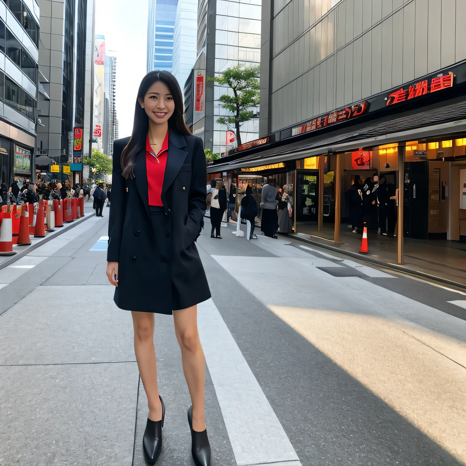 japanese woman　２2  old　　perfect beauty　real　ponytail　　C cup　whole body　tall　perfect proportions　highest quality　Tokyo　In town　pose for a photo　smiling