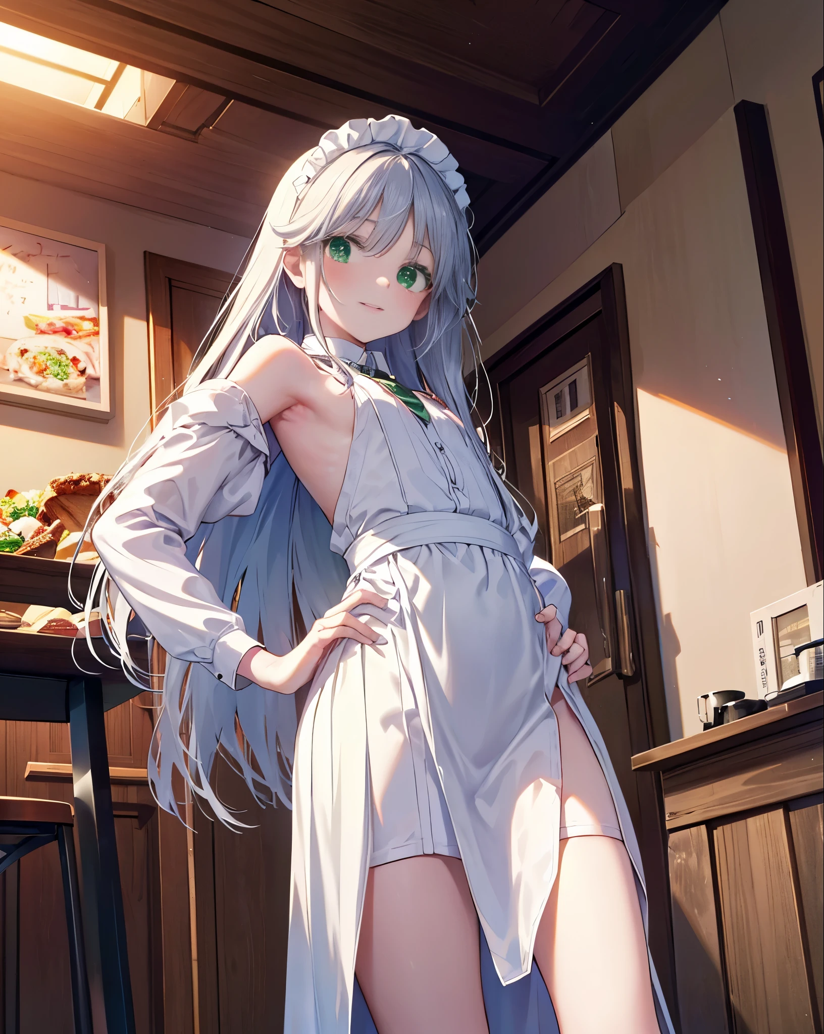index, index, (green eyes:1.5), silver hair, long hair, (flat chest:1.2),smile,blush,bossy,she was wearing a maid'S long skirt, white stockings on her legs,put both hands on hips,stand with respect,bare shoulders,look up from below,there's a lot of food on the table, break looking at viewer, Upper body, whole body, break indoors, restaurant,viking, break (masterpiece:1.2), highest quality, High resolution, unity 8k wallpaper, (shape:0.8), (thin and beautiful eyes:1.6), highly detailed face, perfect lighting, Very detailed CG, (perfect hands, perfect anatomy),
