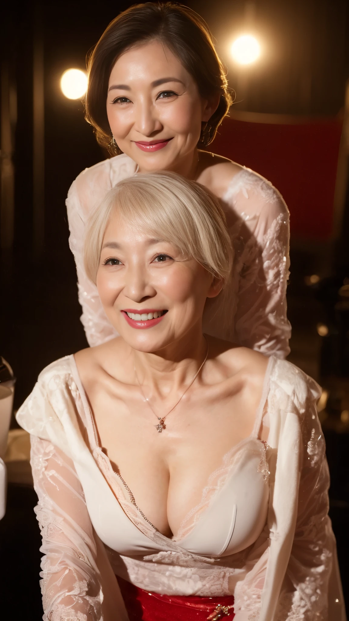 ((Super beautiful mature woman)):1.3, ((Focused)), (in the spotlight), (((後期senior citizen))):1.3, adult videos, porn, nude, describe the lips correctly, red lipstick, from the chest up, show underwear, senior citizen,mature woman, flashy face, highest quality, super high quality, realistic, super dense skin, perfect explanation, (1 Japanese mature woman), (erotic), 120 years old, big breasts, Bewitching, Glamour, sexy, pure white skin, looking at the viewer,