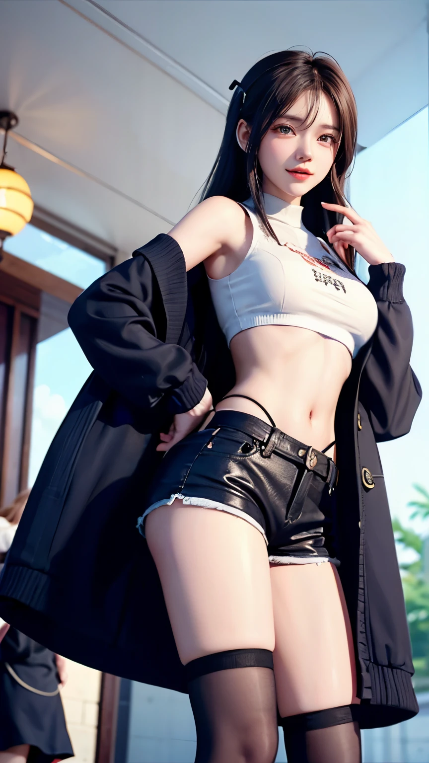 black hair,yellow eyes,masterpiece, best quality, high quality, highres, outdoors, looking at viewer, white shirt, crop top, midriff, navel, white pants, Jenny, tall female,
