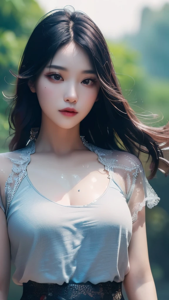 best quality, (original photo: 1.2), (masterpiece: 1.4), (actual: 1.4), (high resolution: 1.4), Chinese actress Guli Nazha, depth of field, intricate details, 8k, Very detailed, perfect lighting, epic background, big bust 1.3, The clothes are messy, shattered, The whole body is soaked