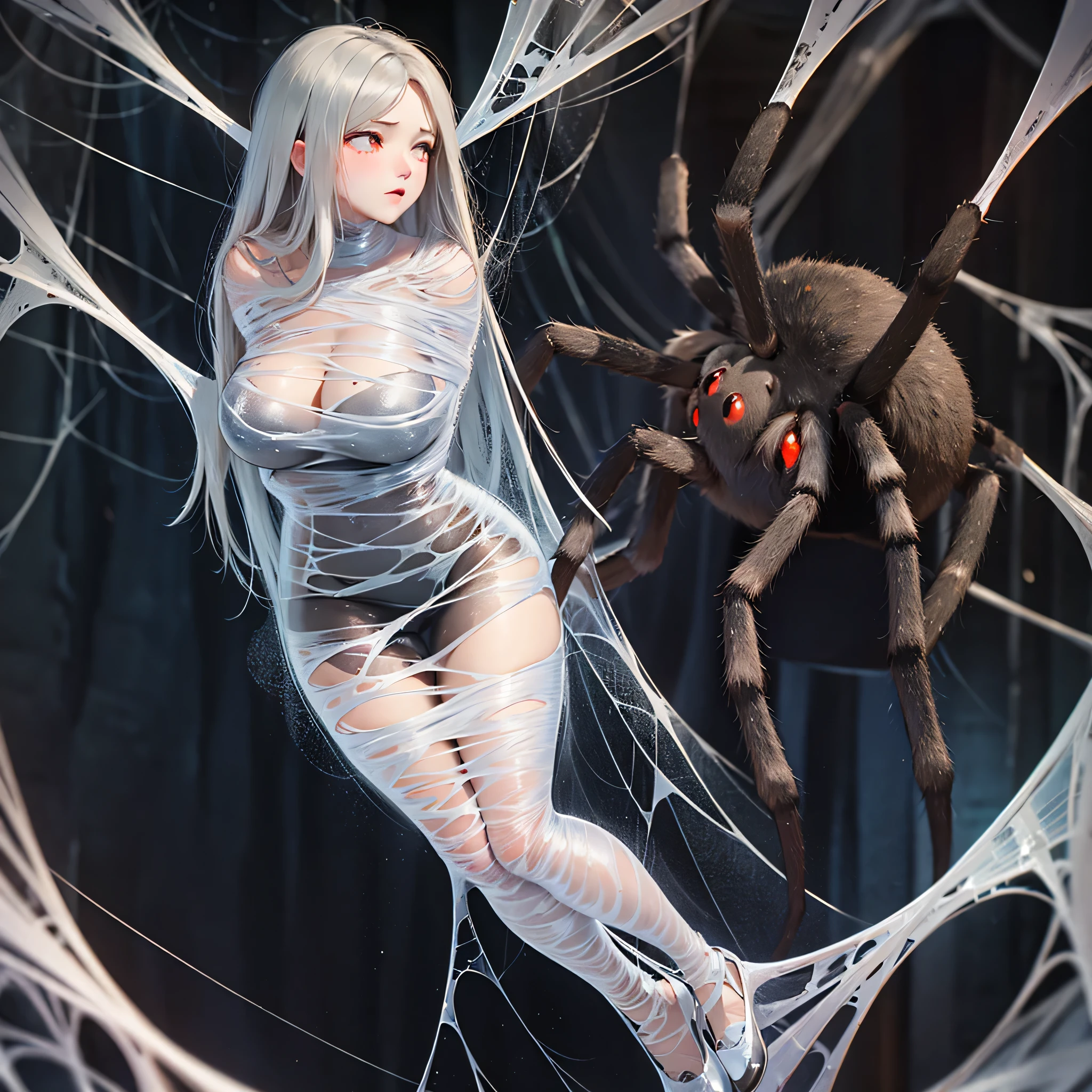 best quality,ultra-detailed,classroom,photorealistic,hanging,spiders in the web,long spider legs,beautiful girl,desperate struggle,entangled,despair,cocoon