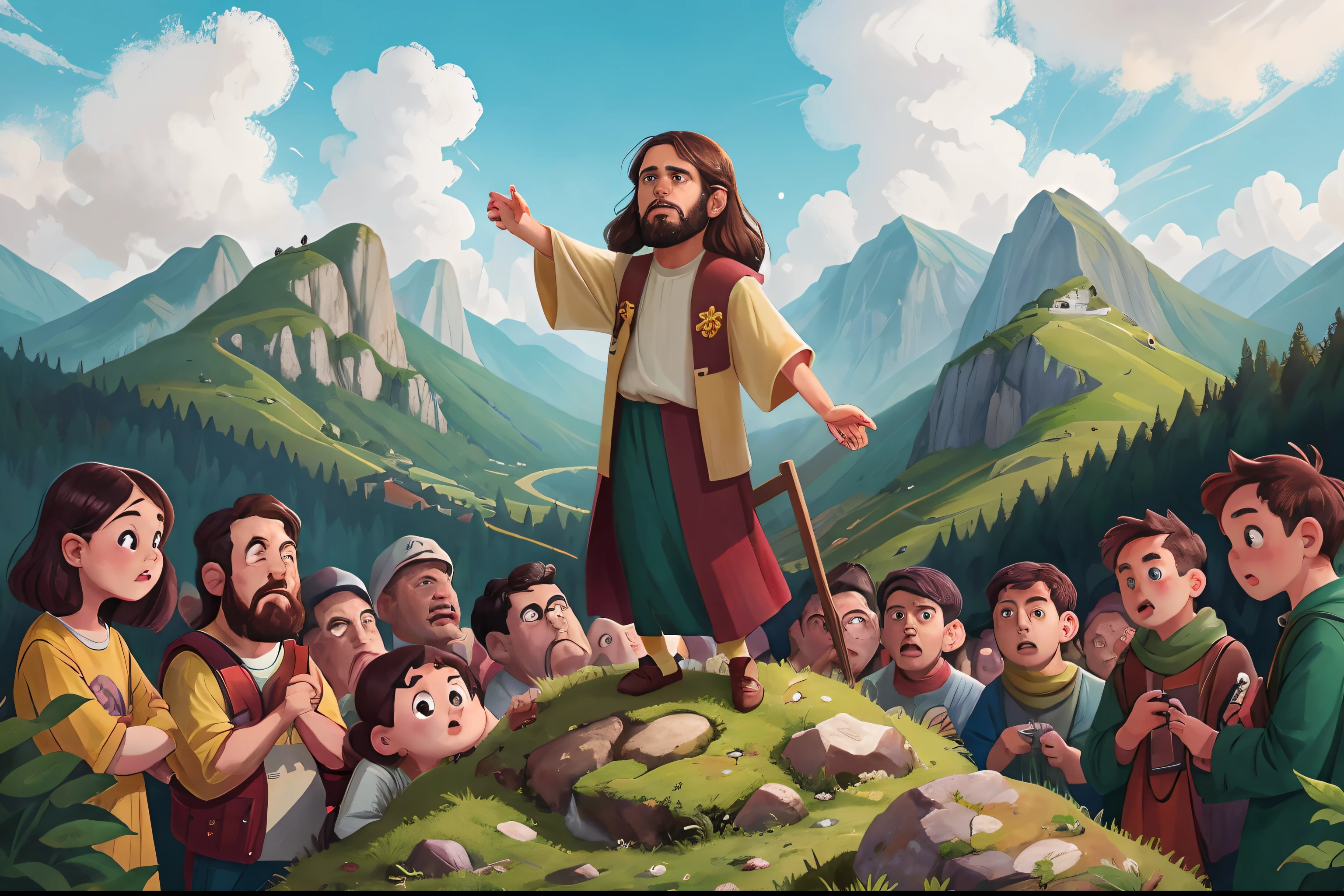 Jesus on a mountain and a crowd looking