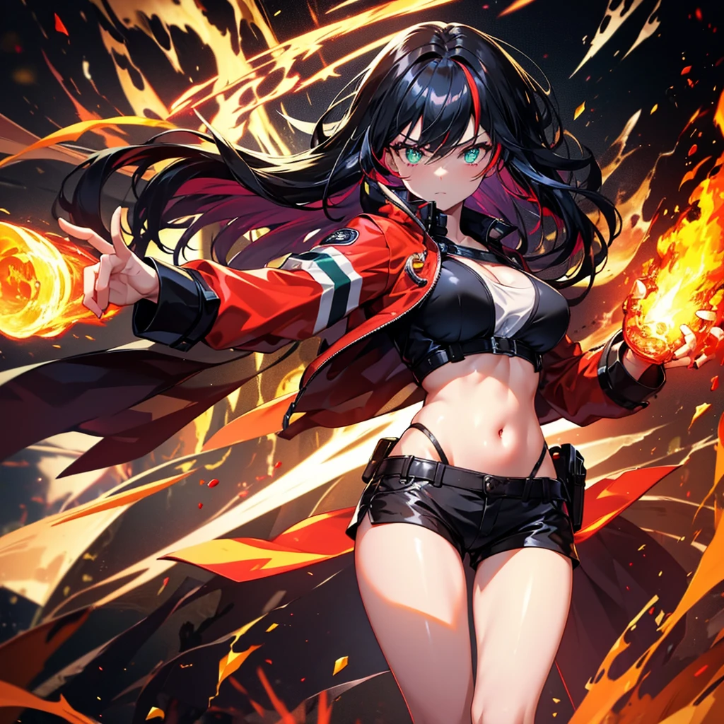 1 girl, alone, Full body, sexy body, belly showing, Big Breasts, long hair, Full HD quality, black hair with NEON RED highlights, Bangs between eyes, neon green eyes, sexy face, short jacket, slightly open jacket , Navel, Navel exposed, short shorts, Slightly open, fire element coming out of his hands, fire element in his hand, Full HD quality, ELEMENTAL FIRE AURA AROUND THE BODY, 