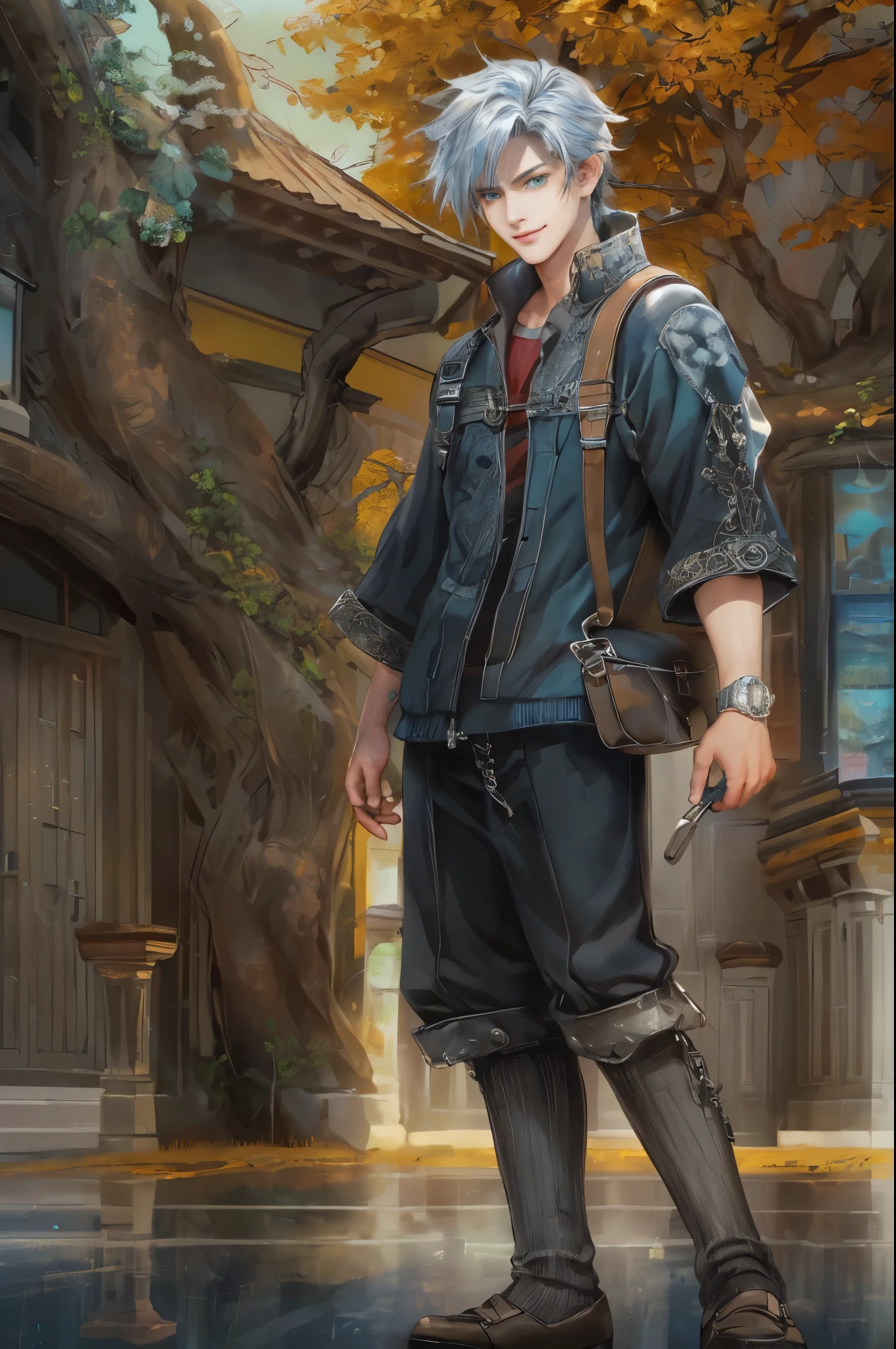 ((absurdres, highres, ultra detailed, perfect face), 1 boy , front view, young boy, handsome boy villain character from Final Fantasy VII, short hair, anime eyes, casual clothes with colorful details, eyes on the viewer, add red details to picture and smirk, dimples, extremely detailed CG unity 8k wallpaper, add blue details on side, intricate details and add yellow details on left, house under a giant tree background, detailed houses town scenery from a far view, nardack art style