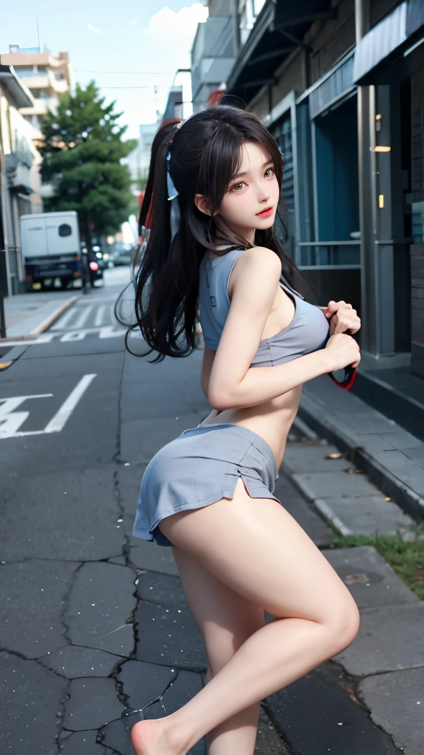 girl in sportswear、Supermodel、perfect shape、、sports girls、beautiful feet、、headphone、Innocent face、Beautiful girl in sportswear、back alley background, voluptuous,high kick towards the screen,High power kicking action,shock wave,Wind