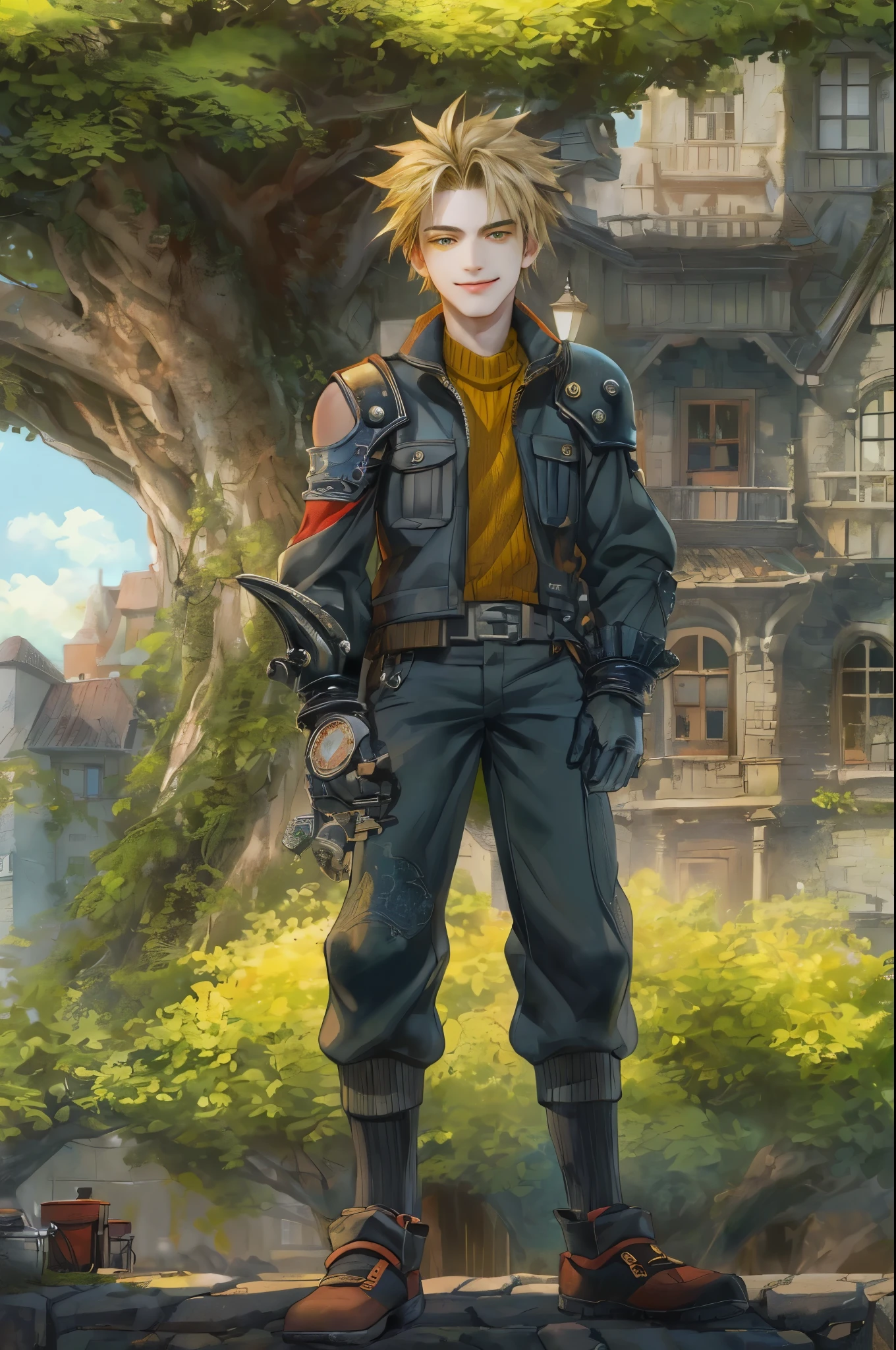 ((absurdres, highres, ultra detailed, perfect face), 1 boy , front view, young boy, handsome boy villain character from Final Fantasy VII, short hair, anime eyes, casual clothes with colorful details, eyes on the viewer, add red details to picture and smirk, dimples, extremely detailed CG unity 8k wallpaper, add blue details on side, intricate details and add yellow details on left, house under a giant tree background, detailed houses town scenery from a far view, nardack art style