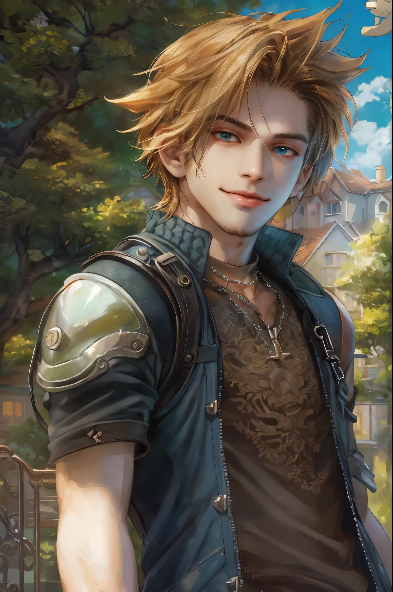 ((absurdres, highres, ultra detailed, perfect face), 1 boy , front view, young boy, handsome boy villain character from Final Fantasy VII, short hair, anime eyes, casual clothes with colorful details, eyes on the viewer, add red details to picture and smirk, dimples, extremely detailed CG unity 8k wallpaper, add blue details on side, intricate details and add yellow details on left, house under a giant tree background, detailed houses town scenery from a far view, nardack art style