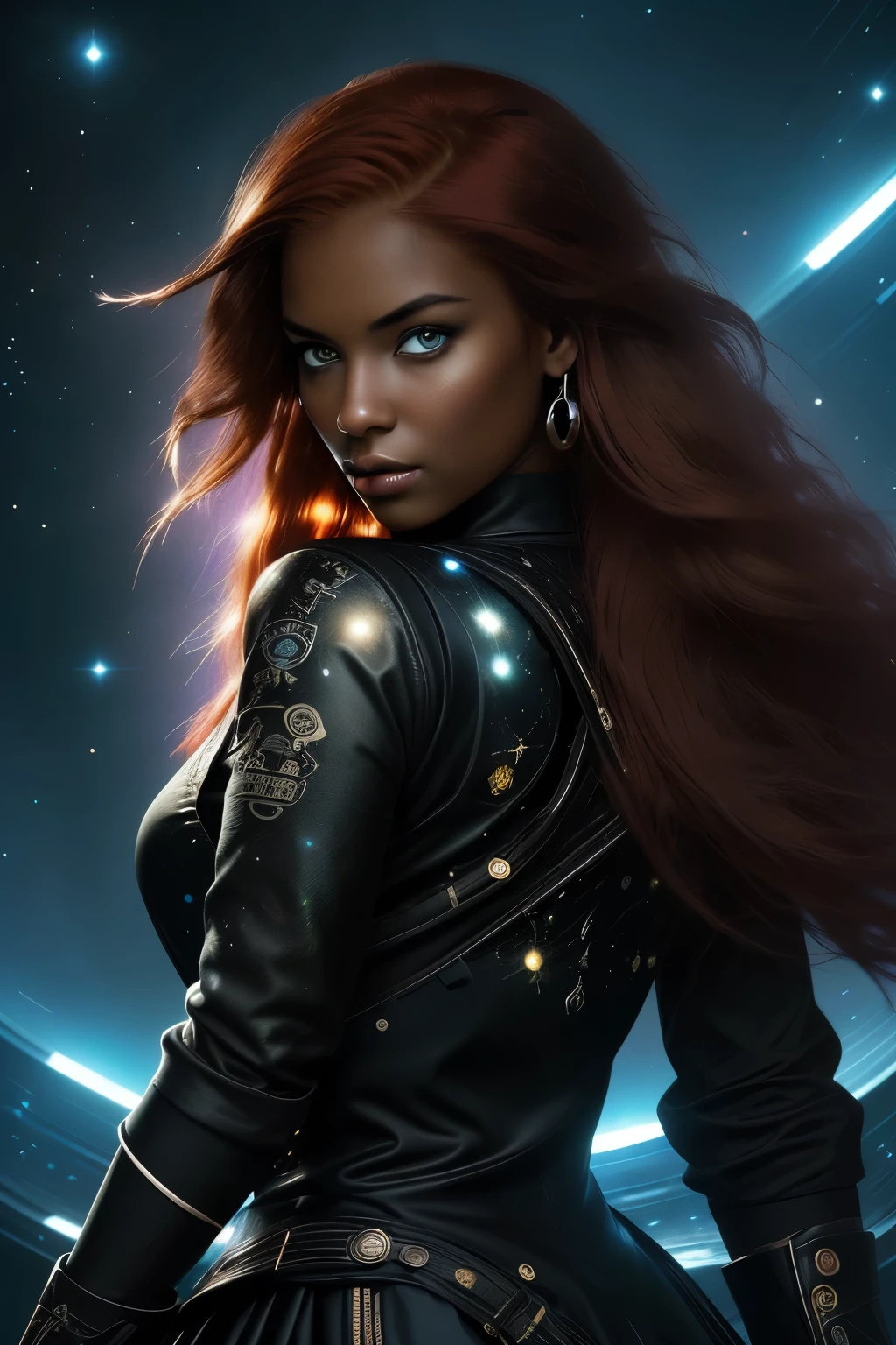 A 20-year-old girl with long red hair, heterochromatic eyes, dark skin, Wear a black dress with a crisp galaxy pirate shirt, With a more elegant and refined touch, Something that matches her mysterious and strong personality. Overall, Her appearance will be eye-catching, Attract curious and curious eyes, flatchest, Cinematic lighting, color difference, back lit lighting, Masterpiece, High details, High quality, 4K.torogao