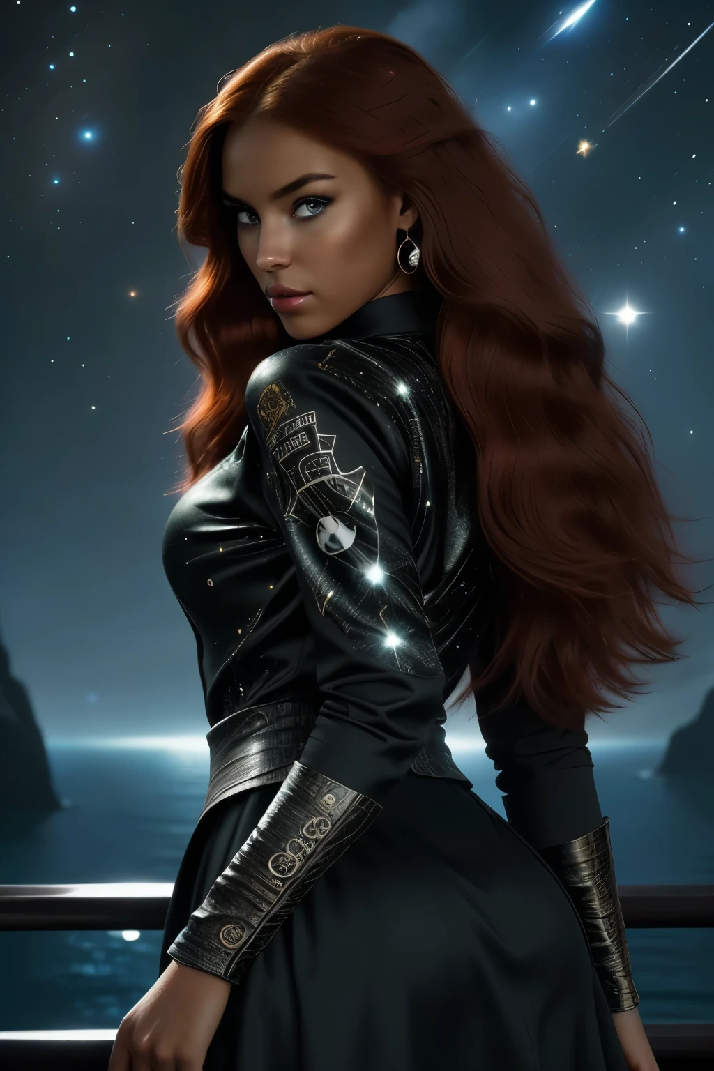 A 20-year-old girl with long red hair, heterochromatic eyes, dark skin, Wear a black dress with a crisp galaxy pirate shirt, With a more elegant and refined touch, Something that matches her mysterious and strong personality. Overall, Her appearance will be eye-catching, Attract curious and curious eyes, flatchest, Cinematic lighting, color difference, back lit lighting, Masterpiece, High details, High quality, 4K.torogao