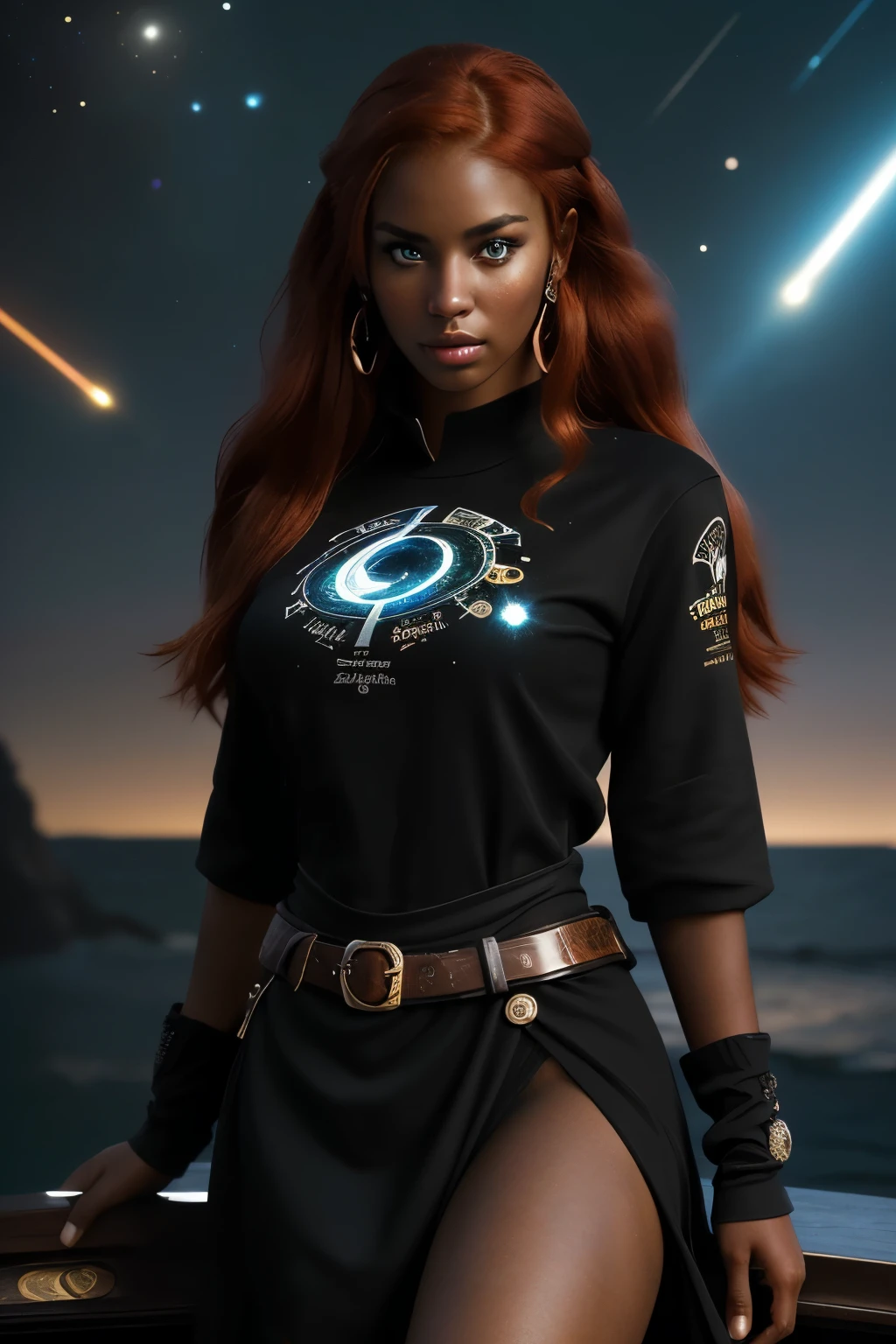 A 20-year-old girl with long red hair, heterochromatic eyes, dark skin, Wear a black dress with a crisp galaxy pirate shirt, With a more elegant and refined touch, Something that matches her mysterious and strong personality. Overall, Her appearance will be eye-catching, Attract curious and curious eyes, flatchest, Cinematic lighting, color difference, back lit lighting, Masterpiece, High details, High quality, 4K.torogao