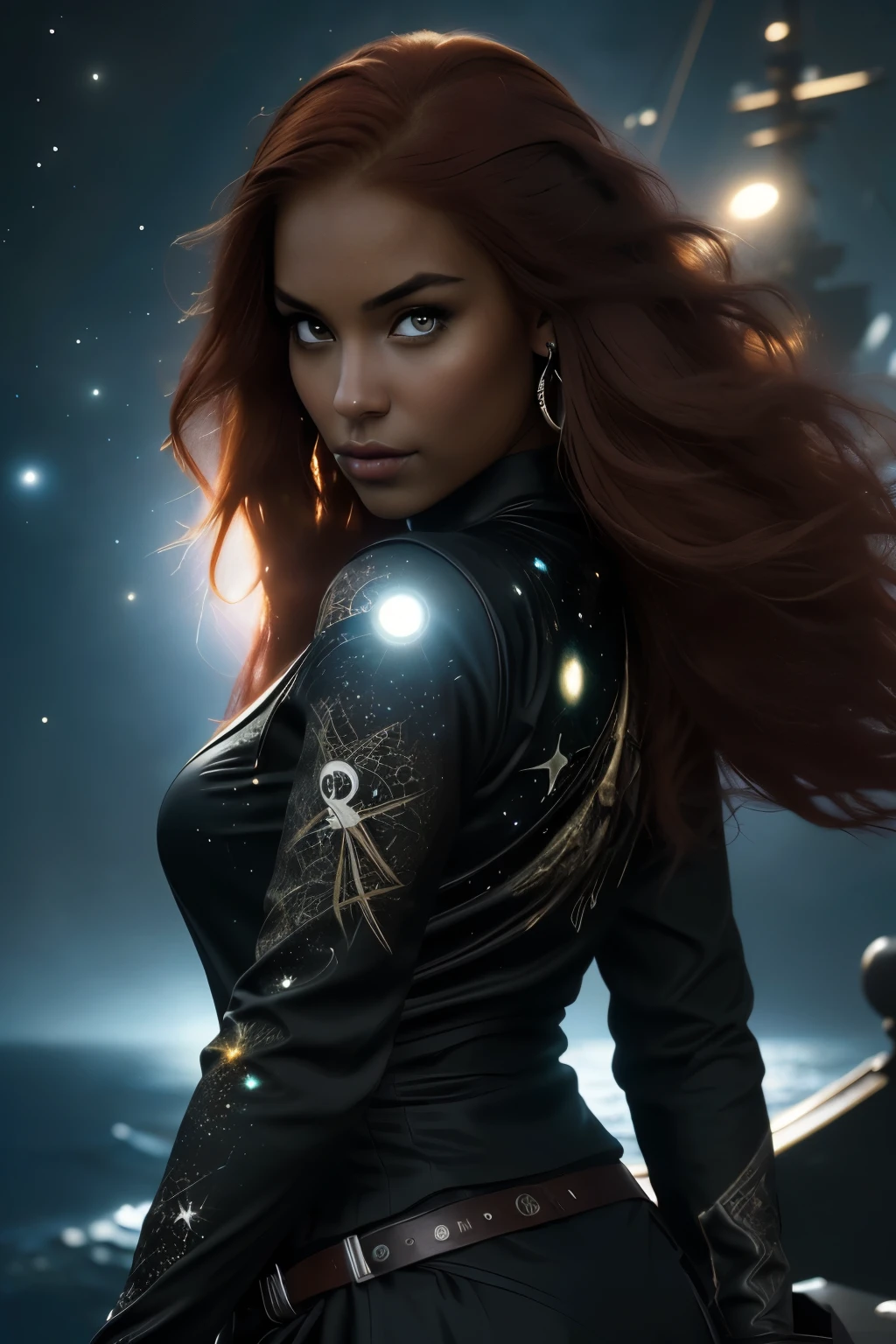 A 20-year-old girl with long red hair, heterochromatic eyes, dark skin, Wear a black dress with a crisp galaxy pirate shirt, With a more elegant and refined touch, Something that matches her mysterious and strong personality. Overall, Her appearance will be eye-catching, Attract curious and curious eyes, flatchest, Cinematic lighting, color difference, back lit lighting, Masterpiece, High details, High quality, 4K.torogao