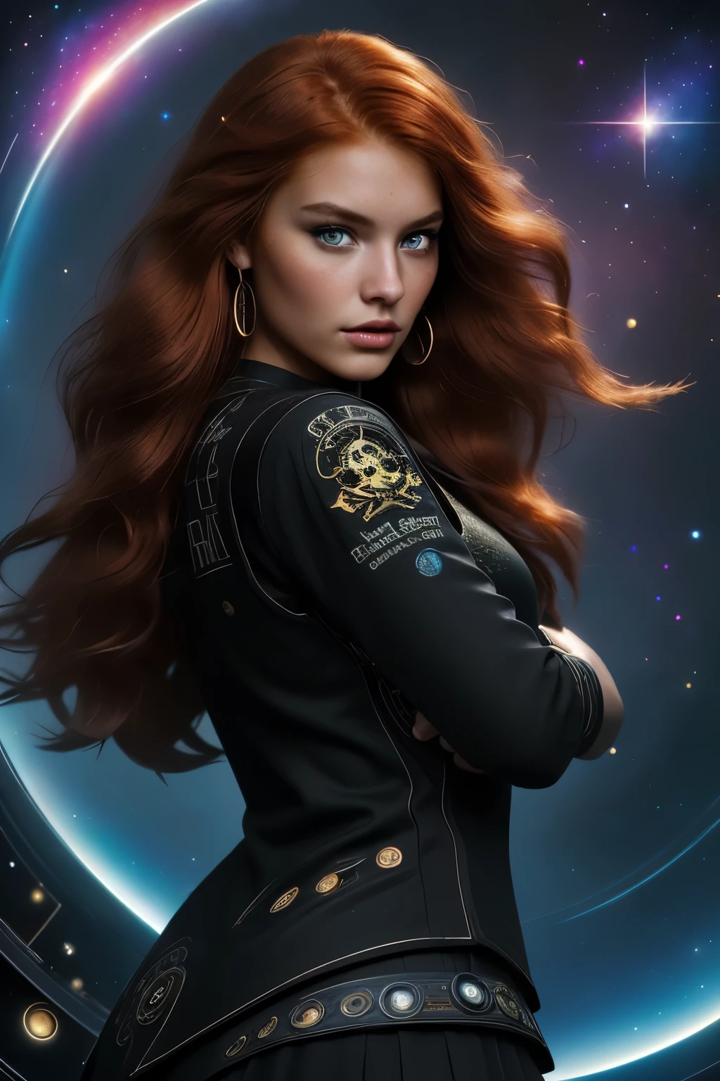 A 20-year-old girl with long red hair, heterochromatic eyes, tan skin, Wear a black nebula dress with a crisp galaxy pirate shirt, With a more elegant and refined touch, Something that matches her mysterious and strong personality. Overall, Her appearance will be eye-catching, Attract curious and curious eyes, flatchest, Cinematic lighting, color difference, back lit lighting, Masterpiece, High details, High quality, 4K.torogao