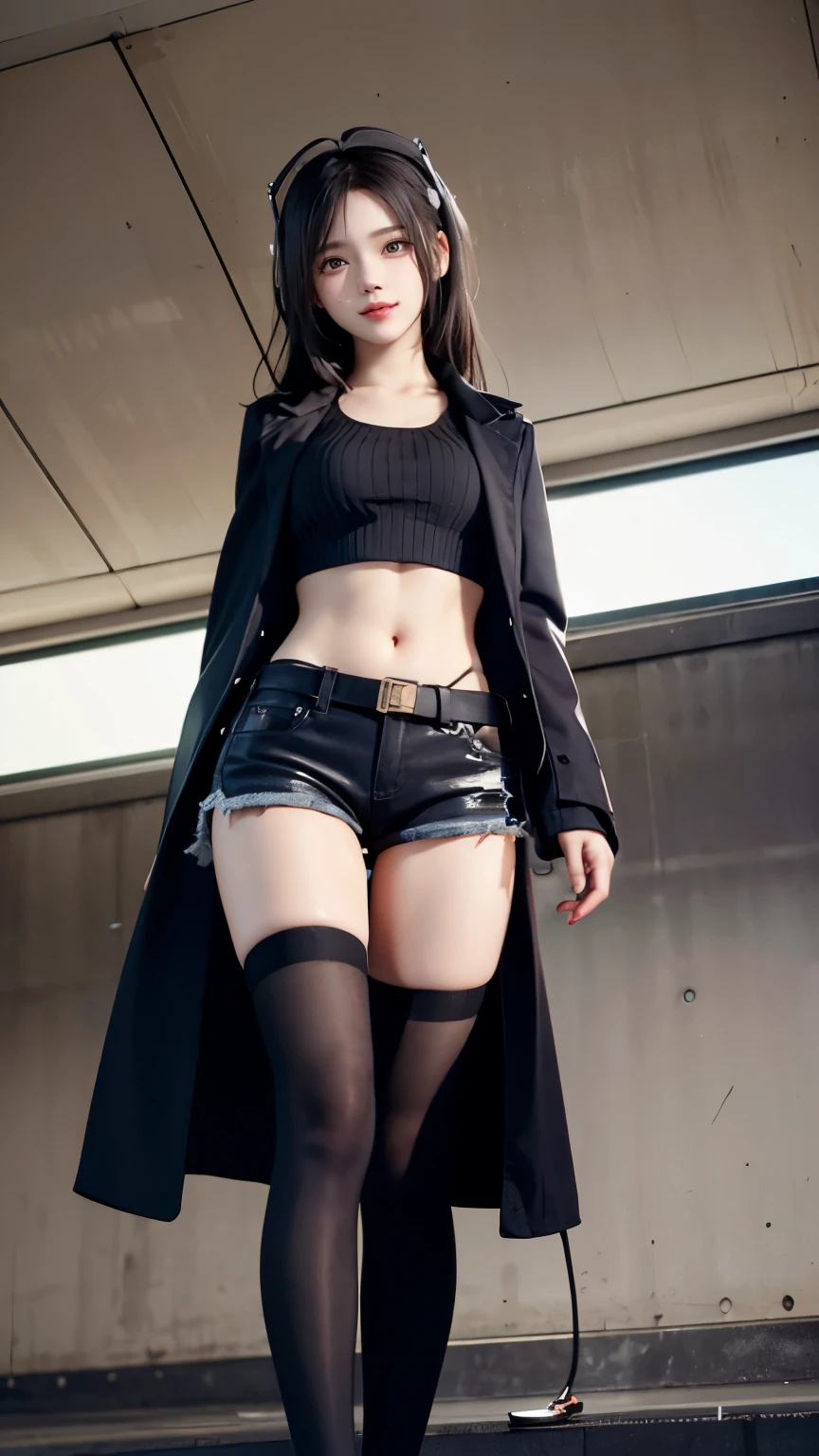 Carrot、Supermodel、perfect shape、Muchimuchi、Three girls are looking at the viewer、 3 girls、、Thighhighs、beautiful feet、hot pants、coat、cyber punk、headphone、gentle smile、Seen by girls from below、Innocent face