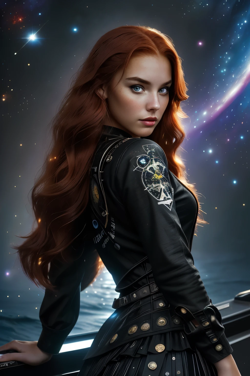 A 20-year-old girl with long red hair, heterochromatic eyes, tan skin, Wear a black nebula dress with a crisp galaxy pirate shirt, With a more elegant and refined touch, Something that matches her mysterious and strong personality. Overall, Her appearance will be eye-catching, Attract curious and curious eyes, flatchest, Cinematic lighting, color difference, back lit lighting, Masterpiece, High details, High quality, 4K.torogao