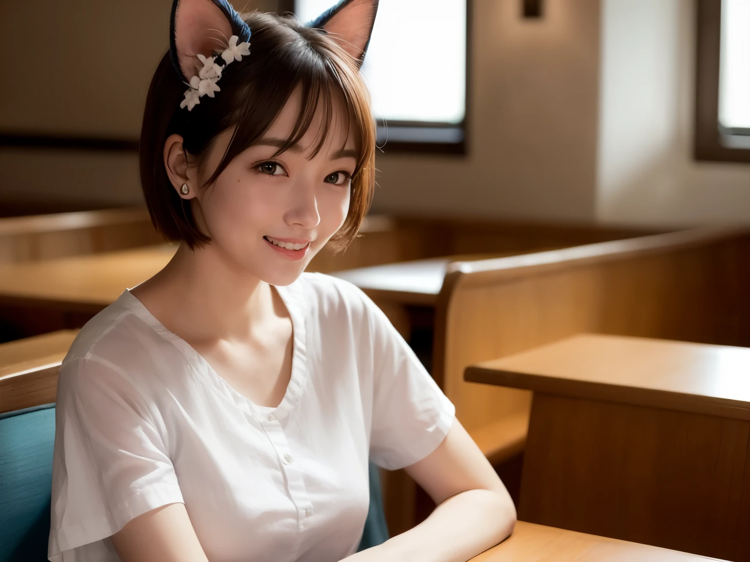 (Raw photography, top-quality), (realisitic), (blue Cat's ears:1.2), top-quality, masterpiece, extremely delicate and beautiful, ighly detailed, nffsw, Unity,2k wallpaper, detaile, masterpiece, top-quality, huge filesize, ultra-detailliert, hight resolution, ighly detailed,1girl in,Slim body,(Short sleeved shirt:1.1), (pleatedskirt:1.3), Porcelain Skin,(Brown hair),close up of face、straight, haired, extra detailed face, looking away, Smile, Sateen ,
Japanese, cute, smile, bra,
Woman laughing happily in a restaurant,
Have a drink,