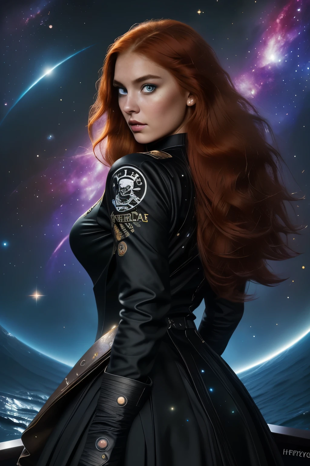 A 20-year-old girl with long red hair, heterochromatic eyes, tan skin, Wear a black nebula dress with a crisp galaxy pirate shirt, With a more elegant and refined touch, Something that matches her mysterious and strong personality. Overall, Her appearance will be eye-catching, Attract curious and curious eyes, flatchest, Cinematic lighting, color difference, back lit lighting, Masterpiece, High details, High quality, 4K.torogao