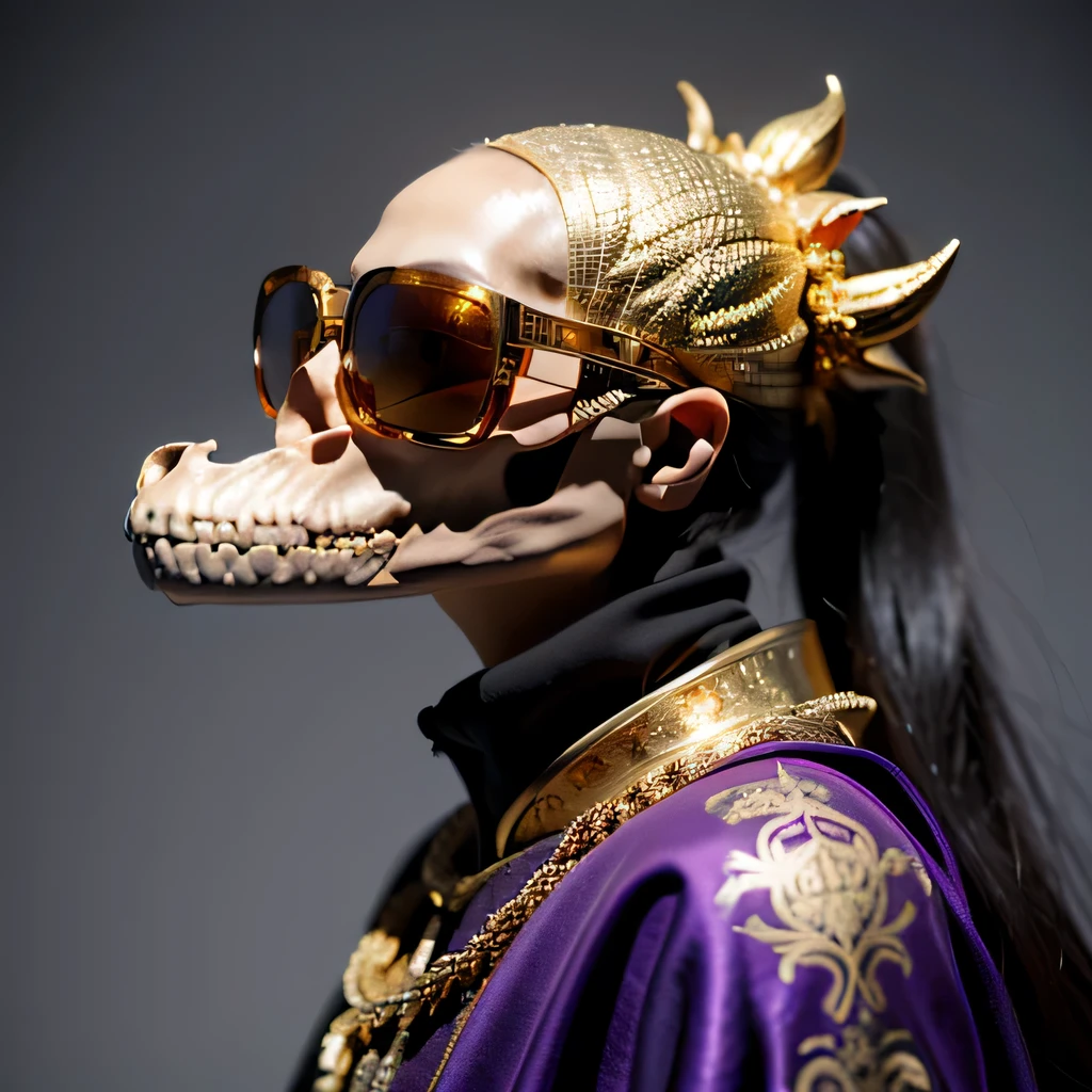 On snowy nights，32k（masterpiece，HD，Ultra high quality，32k）Purple-pink double ponytail，flower stick，Indigo Skull King ，mahogany steering wheel （The skeleton is very realistic：1.4），crocodile print robe，Rusty skull ornaments，Sand gold linen cloak，petals flying，Deep gold sunglasses，Hold your head high，worthy of pride，Look at people through nostrils，A primary and secondary school student， high resolution，Xueba， detail， RAW photos， Sharp Re， Nikon D850 film photo by Jefferies Lee 4 Kodak Portra 400 camera F1.6 guns, colorful, Ultra-realistic and vivid textures, dramatic lighting, Unreal Engine Art Station Trend, Sinest 800，Hold your head high，side，worthy of pride，Look at people through nostrils，arrogant，petals flying，petals flying，Gold dusted crocodile，Fluttering，Impeccable，( Reasonable design, clear lines, HD definition,best quality, Very detailed skeleton, skeleton of masterpiece, official art, Lighting effects, 8K crocodile skeleton（（（Platinum marble sunglasses）））Deep gold sunglasses，sideportrait