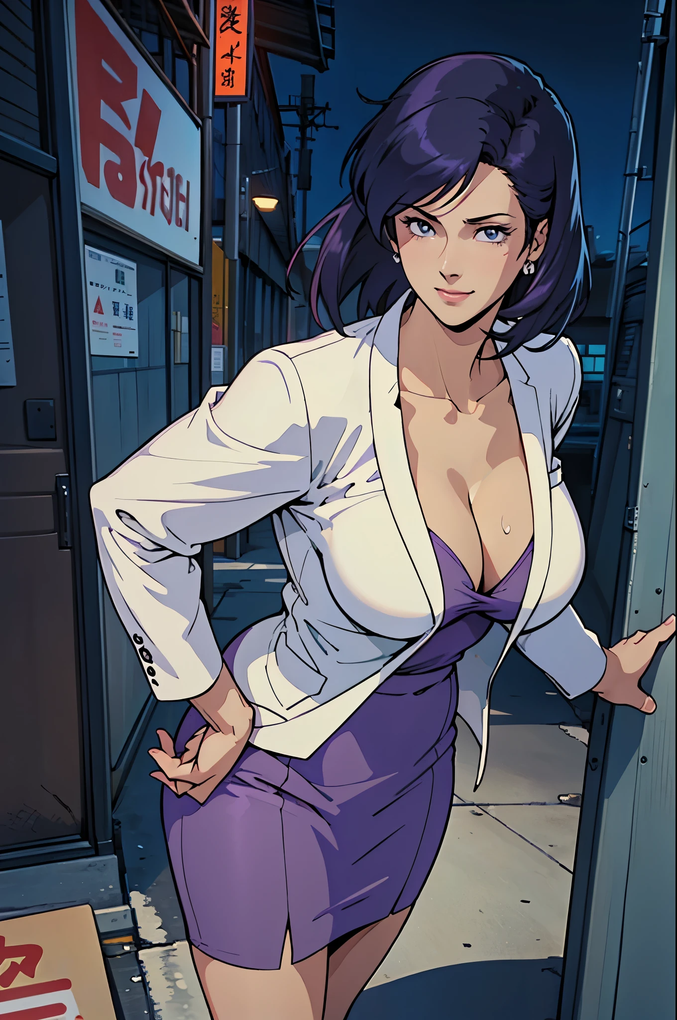 masterpiece, ultra quality, Beautiful detailed, extremely detailed,16K, exquisite, highres, Beautiful background, Beautiful eye, Beautiful skin, anime style, business suitを着ているSaekoがdowntown at nightで視聴者を誘う., Saeko, 28 years old, 1 girl, alone, Upper body, smile, ecstatic expression, looking at the viewer, erotic, charm的な, charm, (Muscular female slender body, clavicle, Fat, beautiful huge breasts, big ass, Fat, beautiful long legs), cleavage, perfect anatomy, sweaty, It&#39;s hard to breathe, vapor, (business suit), (white jacket)、(Purple shirt)、(pencil skirt)、(pantyhose)、(purple high heels)、downtown at night, From above, cowboy shot, perfect quality, good quality, masterpiece, HDR, UHD,