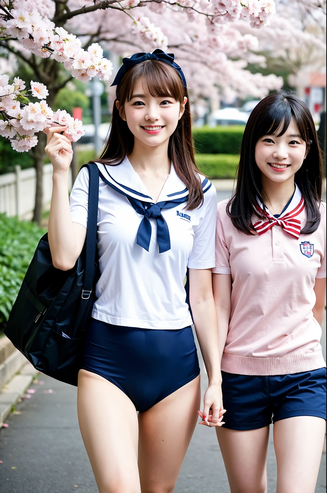 2 girls walking in cherry blossom street,white sports shirt with navy blue trim,navy blue swimsuit-bottom,school bag,18-year-old,bangs,a little smile,thighs,knees,straight hair with barrette with red bow,from below,front-lighting