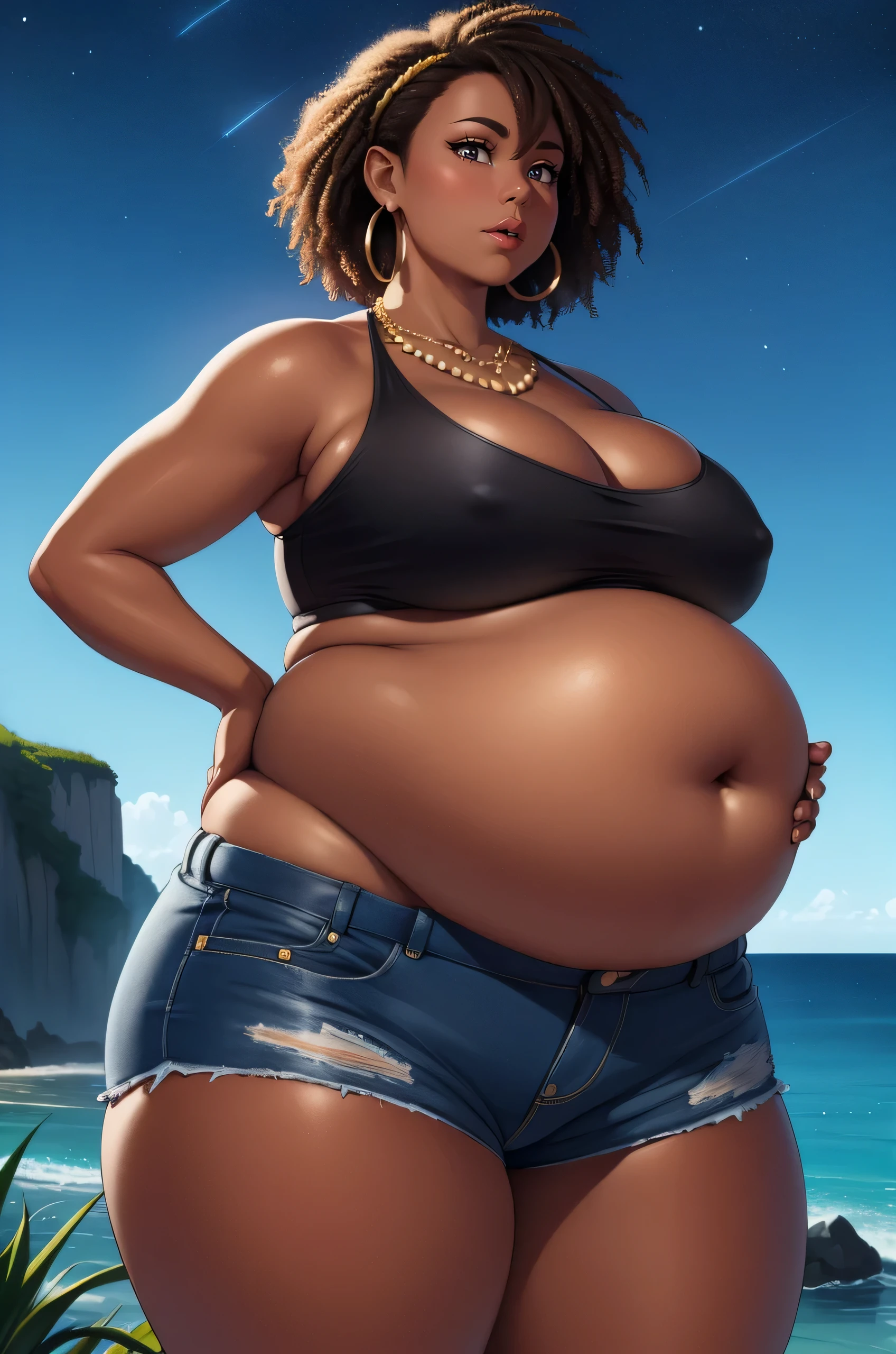 dark skin, (dark-skinned female:1.5), bike shorts, bikini, crop top, hoop earrings, jewelry, midriff, navel, necklace, short shorts, shorts, swimsuit, tankini, 1girl, plump, chubby, curvy, chubby girl, belly, big belly, fat belly, large stomach, night sky background, (best quality,4k,8k,highres,masterpiece:1.2), ultra-detailed, (realistic,photorealistic,photo-realistic:1.37), HDR, UHD, studio lighting, ultra-fine painting, sharp focus, physically-based rendering, extreme detail description, professional, vivid colors, bokeh, portraits, photography, concept artists, colorful, fairy tale, soft and dreamy lighting, sparkling stars and constellations, peaceful and calm atmosphere, luminous moonlight
