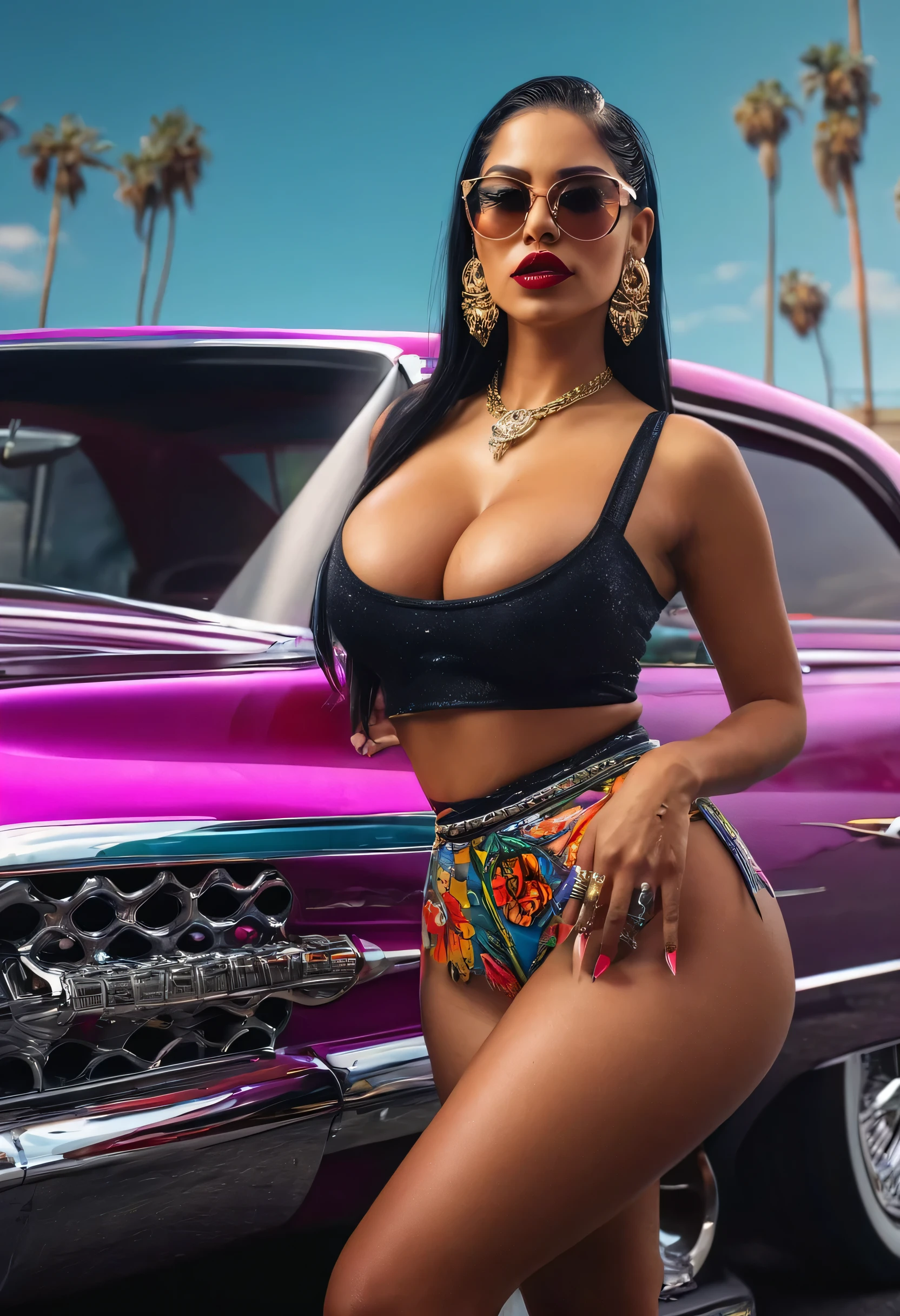 create an image demonstrating the style of ((Chicano Lowrider)) style, hyper realism, 8k high definition, vibrant colors, sharp focus, insanely detailed, enormous tits