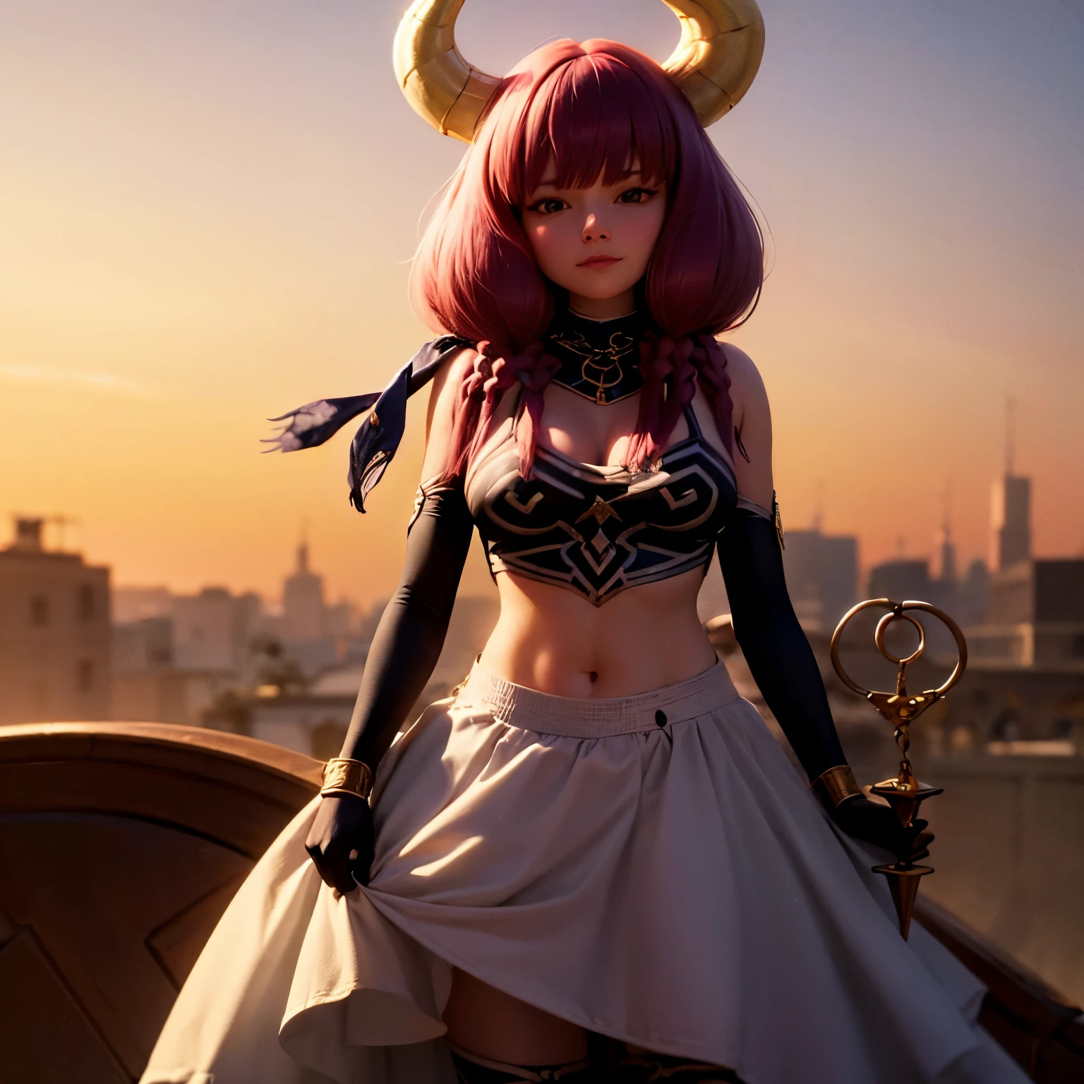 Aura(Frieren: Beyond Journey's End),1girl,**** size,pink hair,red eyes,Puppeteer, scales,High double ponytail,big huge breasts,Buttocks,Height 145cm,Elf ear, armor,Devil, Golden double horns, braids, triangle bangs, S attribute, timidity, female imp, midriff-baring outfit, long gloves, over-the-knee boots, madness, double ponytail, multiple ponytails, forced order, ,long skirt,1 long sword,flying,fighting,pink hair,red eyes,squinting eyes,Indifference eyes,traveler,black stockings,charming smile,beautiful detailed fullbody , amazing , best quality , Light and shadow effects,