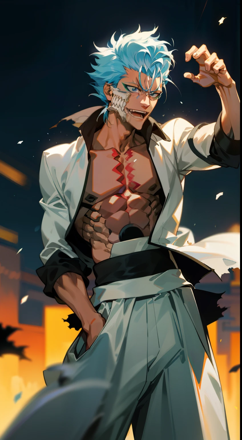 masterpiece, highest quality, 1 boy, Grimmjow Jaguar Jack, at night, night, weak light, Natural light, fighting pose, white pants,  white jacket, smile with tongue out, damaged clothing, Damaged skin, street, japanese street, weak light, light, aura power, suspended particles, doing power,  has a sword, zanpakutou, angry eyes, angry face, smile, Looking ahead, male focus, strong muscles, Movie composition, death in the field, Bokeh