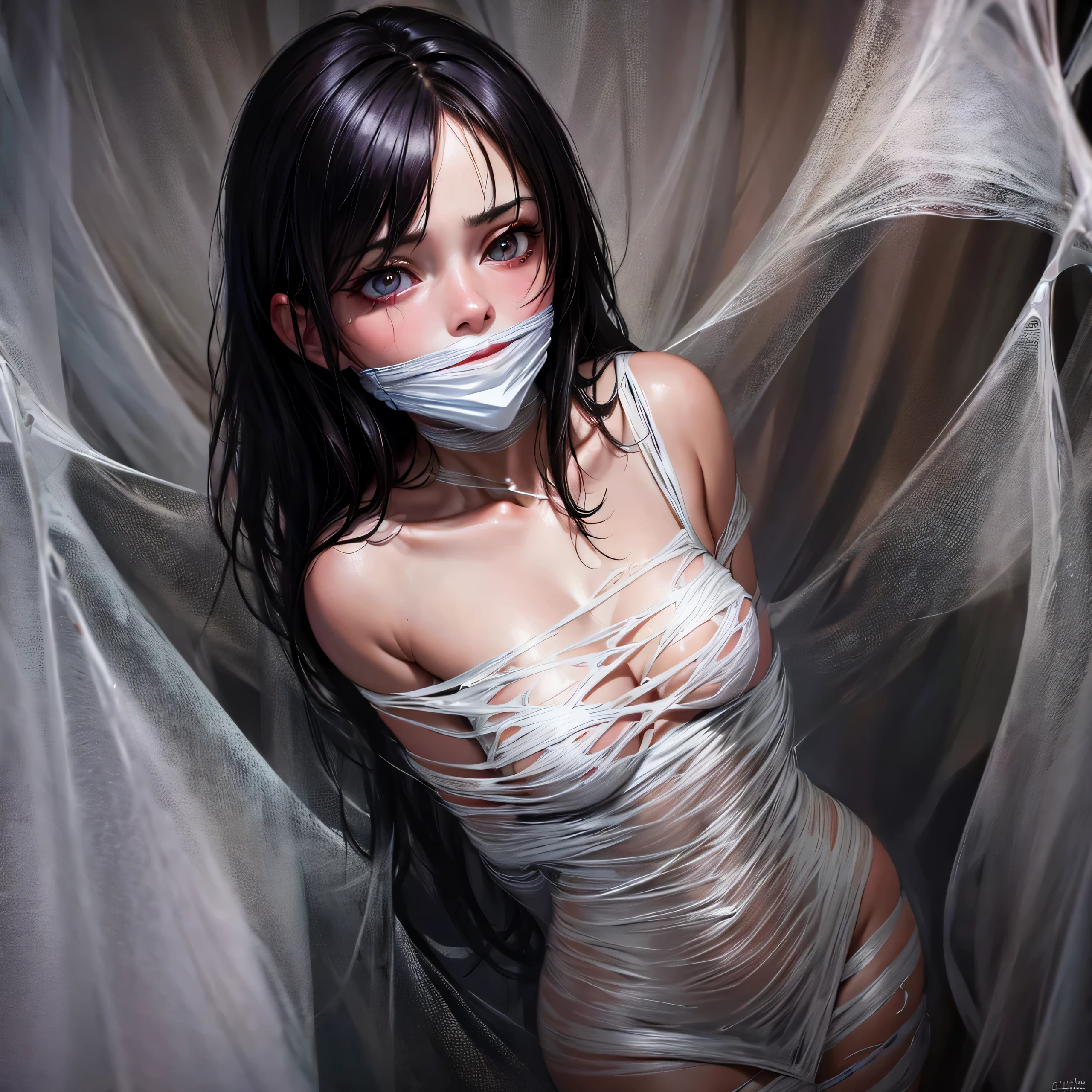 ing from the ceiling, dim lighting, dark atmosphere, oil painting style, vibrant colors, intense emotion. (best quality, highres, ultra-detailed, realistic:1.2), spiderweb, trapped, delicate facial features, fear in her eyes. half body visible,(gagged:1.4),