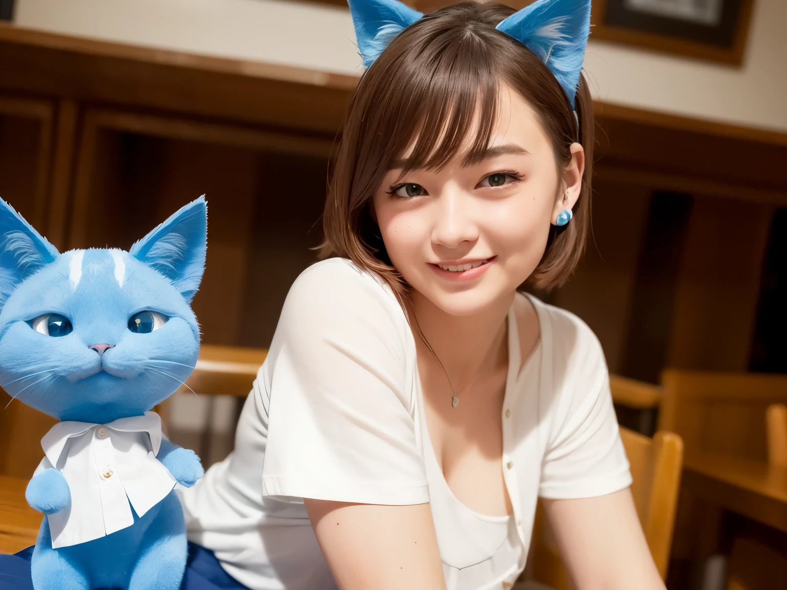 (Raw photography, top-quality), (realisitic), (blue Cat's ears:1.2), top-quality, masterpiece, extremely delicate and beautiful, ighly detailed, nffsw, Unity,2k wallpaper, detaile, masterpiece, top-quality, huge filesize, ultra-detailliert, hight resolution, ighly detailed,1girl in,Slim body,(Short sleeved shirt:1.1), (pleatedskirt:1.3), Porcelain Skin,(Brown hair),close up of face、straight, haired, extra detailed face, looking away, Smile, Sateen ,
Japanese, cute, smile, bra,
Woman laughing happily in a restaurant,
Have a drink,