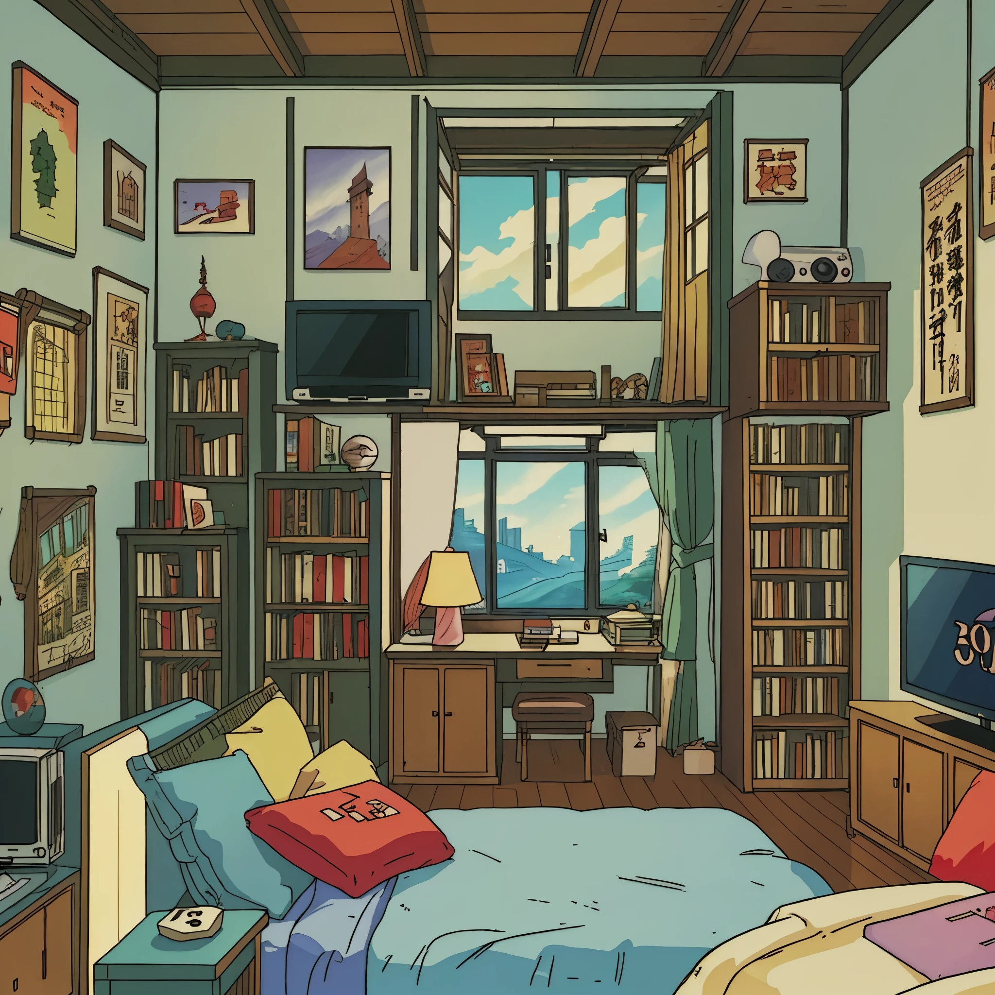 (masterpiece) Studio Ghibli Style, room, nerd decoration, view from behind, books on shelves on the wall, posters, Nintendo, 90's psone, calm, peacefull, thinking, stunning light, tv retro, 90's style, 1990