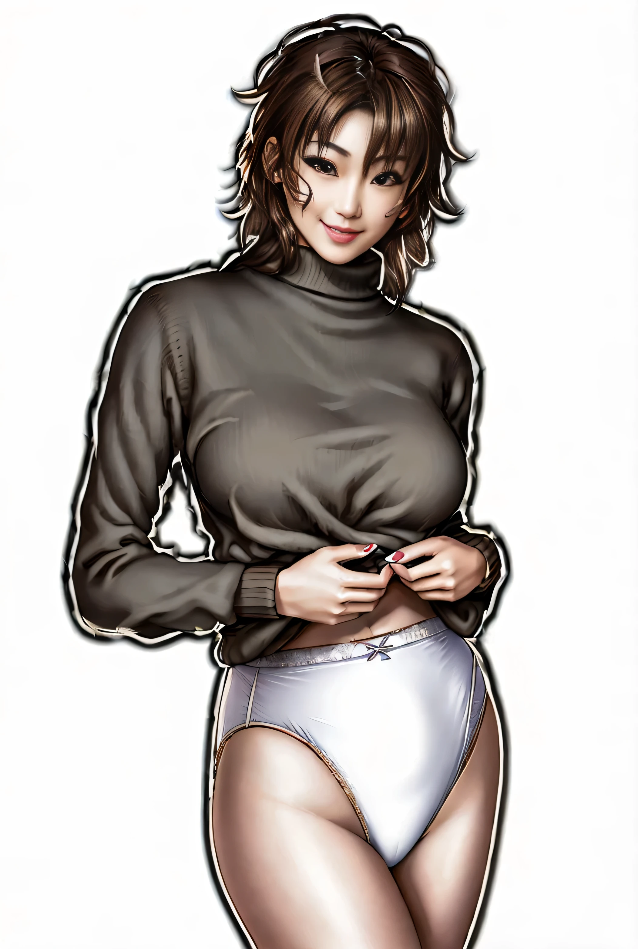 ((masterpiece, best quality)), ((34 year old)), (((Curvy))), (((Japanese woman with messy brown hair)), holding up beige sweater, to show ((white high cut panties)), (((Large Hips))), smiling, (((realistic art style)))