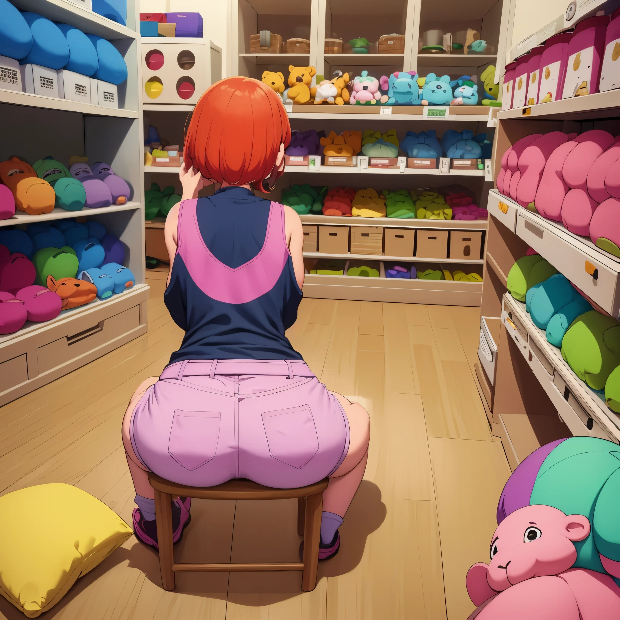 (obra de arte, melhor qualidade), (colorida:1.4), de cima, Sozinho, Dora, a exploradora, sitting on the floor of a store with lots of stuffed animals on the shelves, profundidade de campo,Full head, regata,bonitinho,hot pants