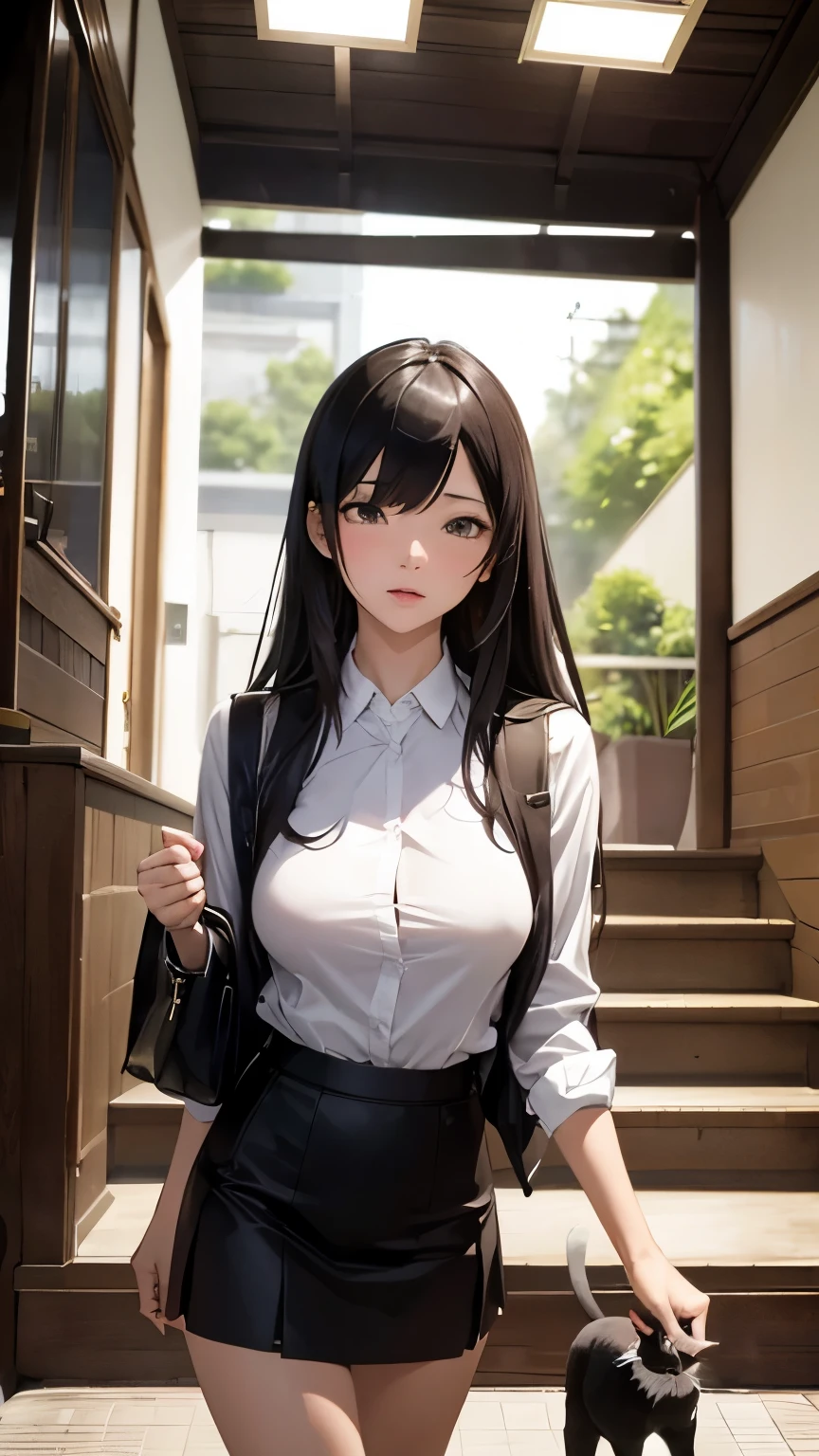 Kōji Fukiya, Stevan Dohanos, Surreal, mysterious, strange, fantastical, fantasy, Sci-fi, Japanese anime, eternal ♾️-shaped stairs, a miniskirt beautiful high school girl walking with a cat on the stairs, perfect voluminous body, detailed masterpiece Hyper realistic sharp focus sexy erotic tits hip provocative body poses seductive embarrassing blushing coquettish excited cinematic lighting looking at viewer