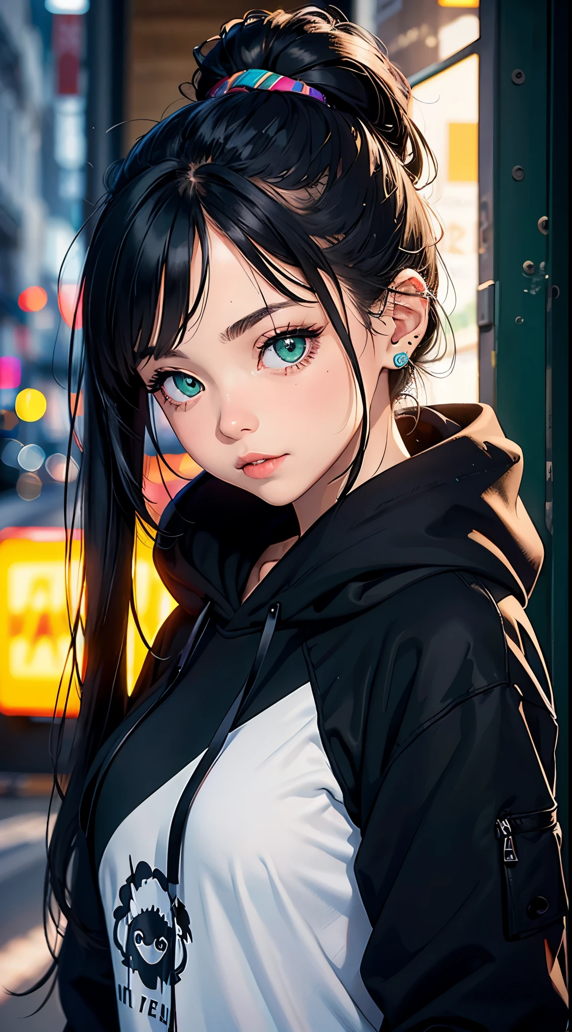 semi-realistic cinematic artwork, a close up on a mischevieous girl wearing a black hoodie with neon green details, neon green, cute expression, curious eyes, shimmering eyes, long hair, (smilling), ponytail, she has lovely bangs, the girl wears a cute earing, necklace, beautiful vivid eyes, portrait of a sensual girl, comfy, the iamge trasnmit good feeling, relaxed atsmophere, realxed expression, detailed strands of hair, soft lips, elegant. gracious girl
