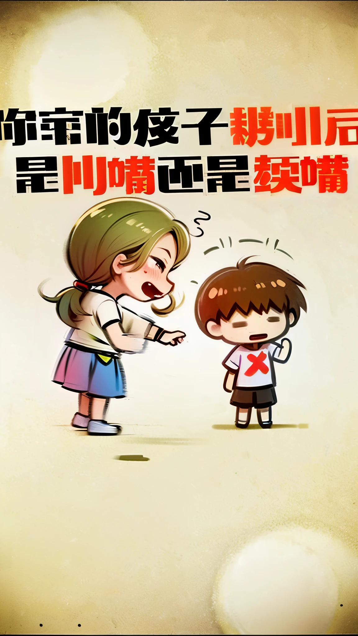 there is a cartoon picture of a woman and a , emotional picture, by Yi Insang, hand drawn cartoon, children's cartoon, by Qu Leilei, , cute cartoon, they are fighting very angry, cartoonish cute, kawaai, hand painted cartoon art style, childhood friend, very cute and childlike